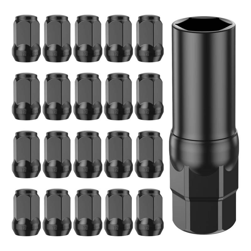 20 Stück Auto-Radmuttern, 12 mm, kaltgeschmiedeter Stahl, schwarzes Gewinde, Radmuttern-Set mit 1 Stecknuss, robuste Auto-Radmuttern(Black) von Generisch