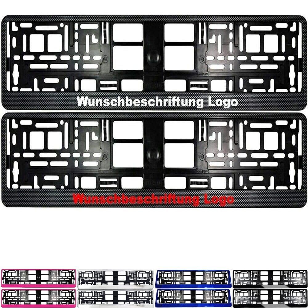 2X Kurze Kennzeichenhalter 460 x 110 mm mit WUNSCHTEXT Beschriftung Werbung Bedruckt Nummernschildhalter Kennzeichenhalterung für verkurzte Kennzeichen 46 x 11cm (Carbon) von Generisch