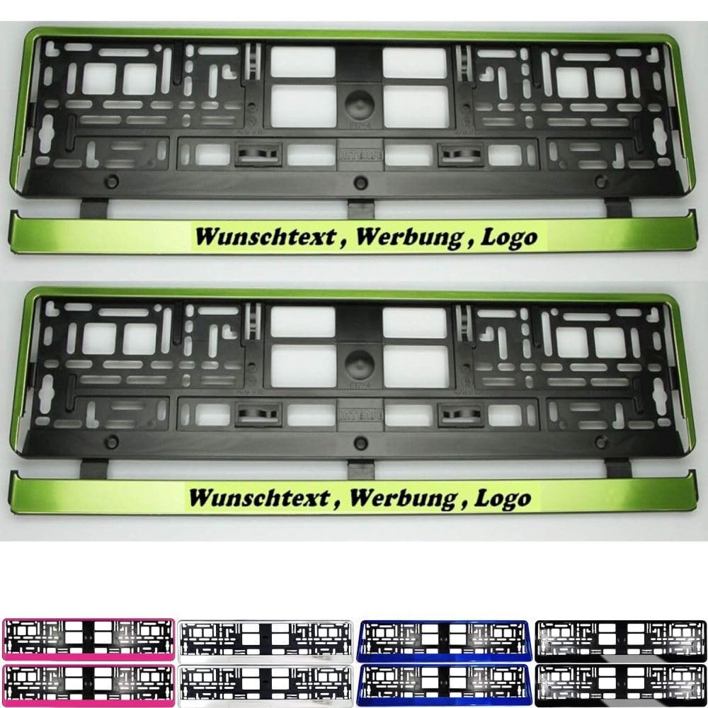 2X Kurze Kennzeichenhalter 460 x 110 mm mit WUNSCHTEXT Beschriftung Werbung Bedruckt Nummernschildhalter Kennzeichenhalterung für verkurzte Kennzeichen 46 x 11cm (grün) von Generisch