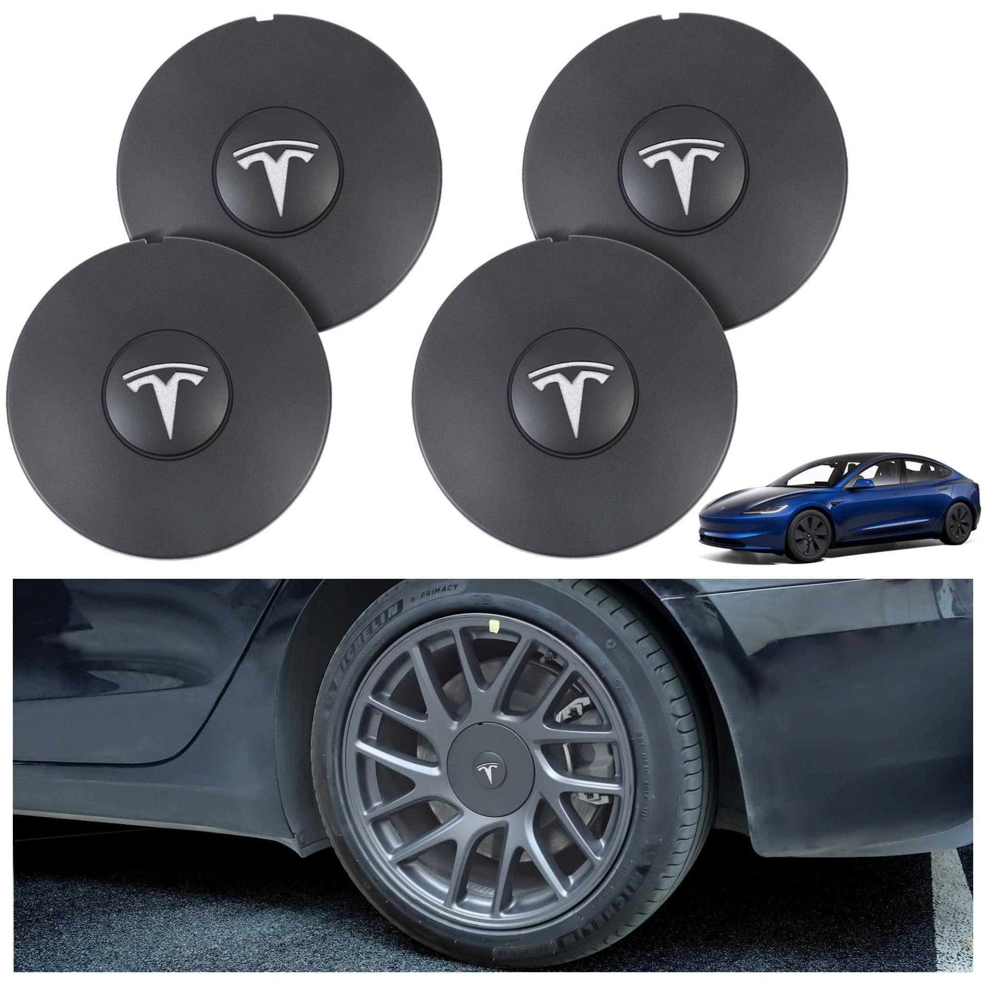 4 Stück Auto Radnabenkappen Compatible with Tesla New Model 3 2024 (Highland), Nabendeckel Felgendeckel Wasserdicht Staubdicht Radmittenabdeckung Compatible with Dekoration von Automobilen von Generisch