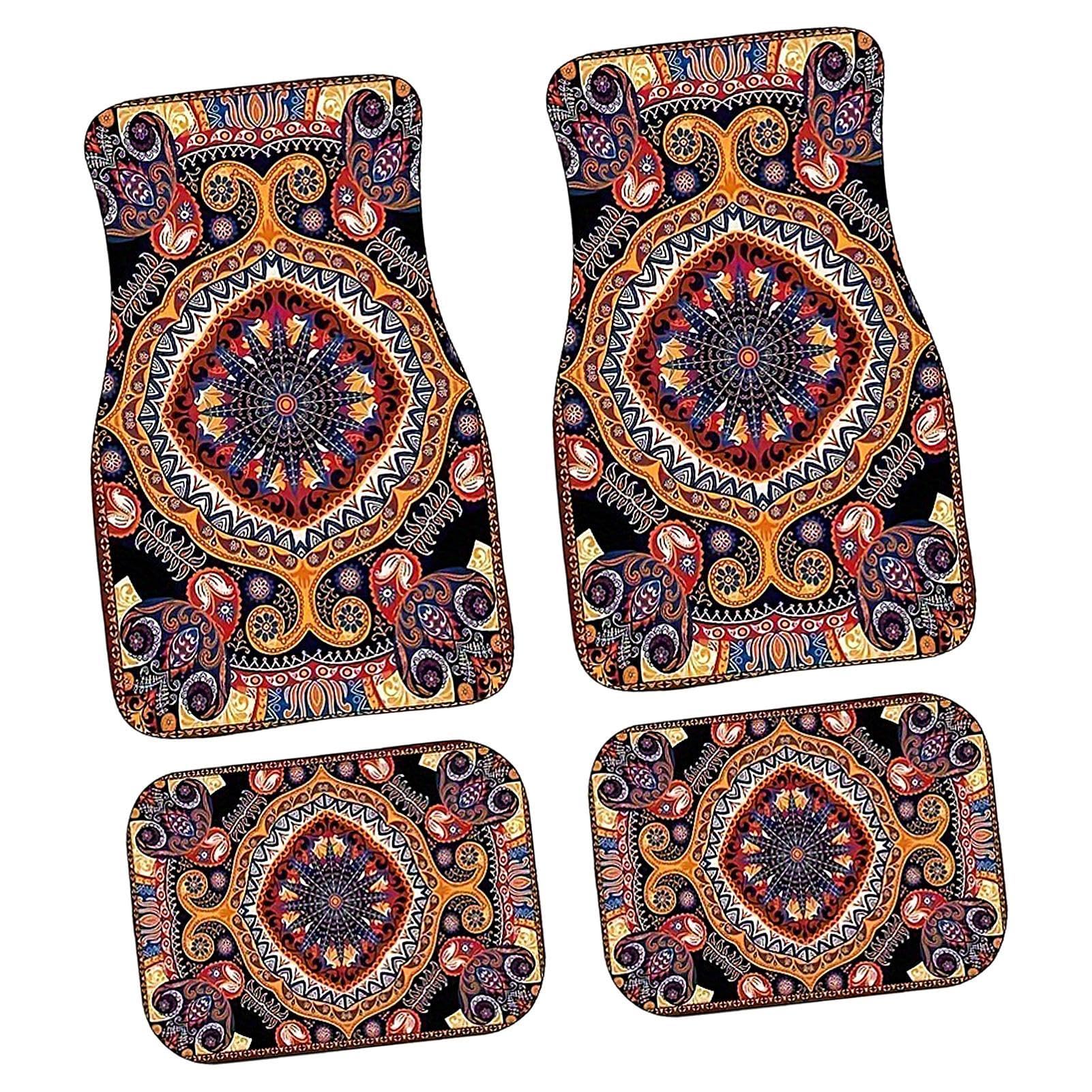 4pcs Bohemian Auto Matten - Boho Auto Teppich Auto Vorne Hinten Matten Auto Fußmatten Boho Full Set | Heavy Duty Teppiche Böhmische Automatten Boho Auto Zubehör Anti-Rutsch Retro Schützt vor Schnee von Generisch