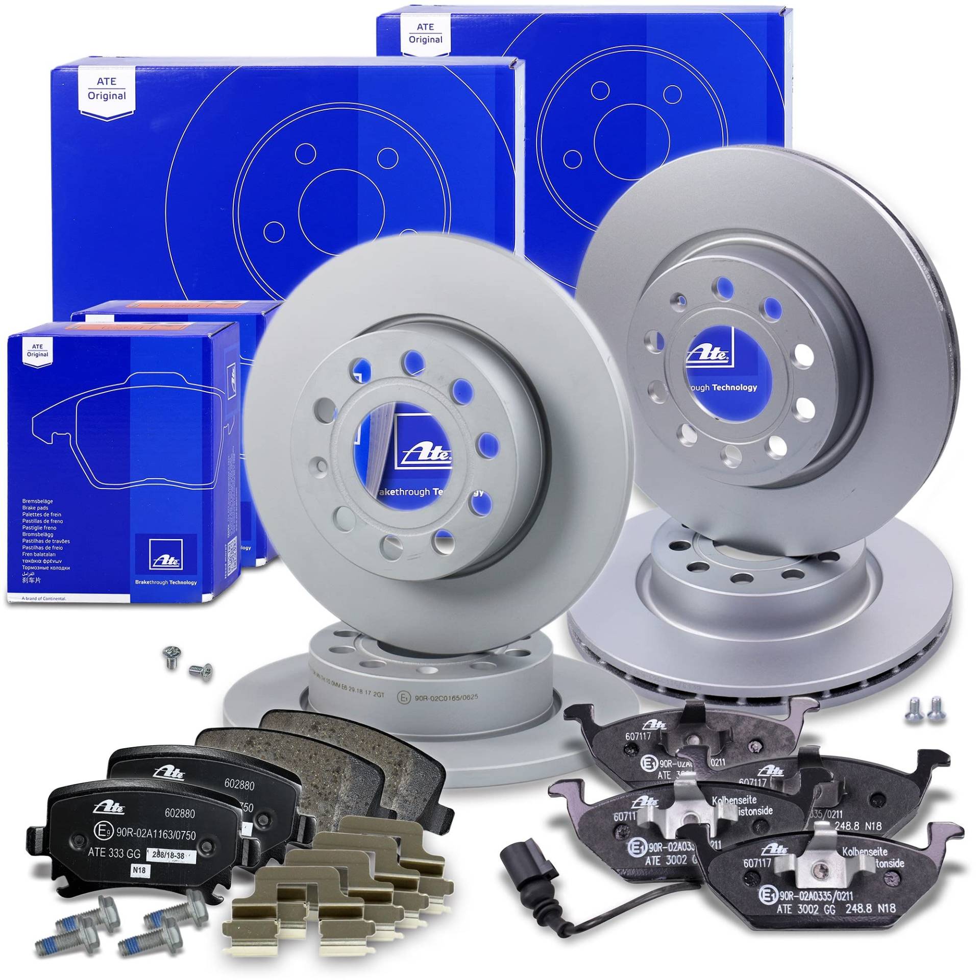 ATE Bremsenset inkl. Bremsscheiben vorne Ø 280 mm belüftet + hinten Ø 256 mm voll und Bremsbeläge vorne + hinten und Warnkontakt Kompatibel mit AUDI A3, SEAT ALTEA, TOLEDO, SKODA OCTAVIA, VW GOLF von Generisch