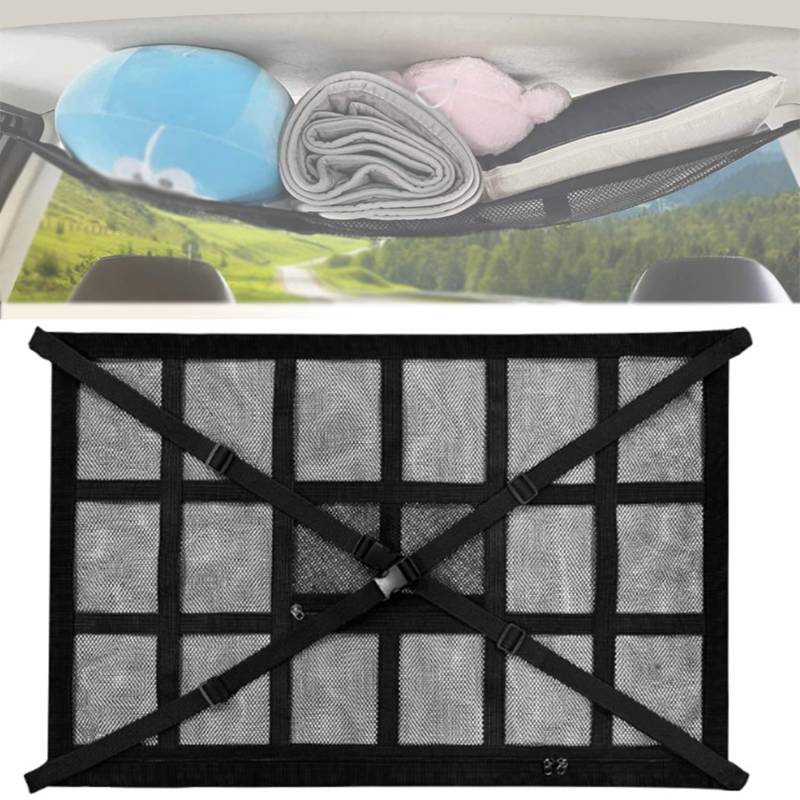 Car Ceiling Cargo Network Slimline Cargo Net, Double Layer Roof Mesh, Strengthen Load-Bearing and Droop Less, Truck SUV Travel Long Road Trip Camping Interior Accessories (Black 18 grids,35.4*25.6in) von Generisch