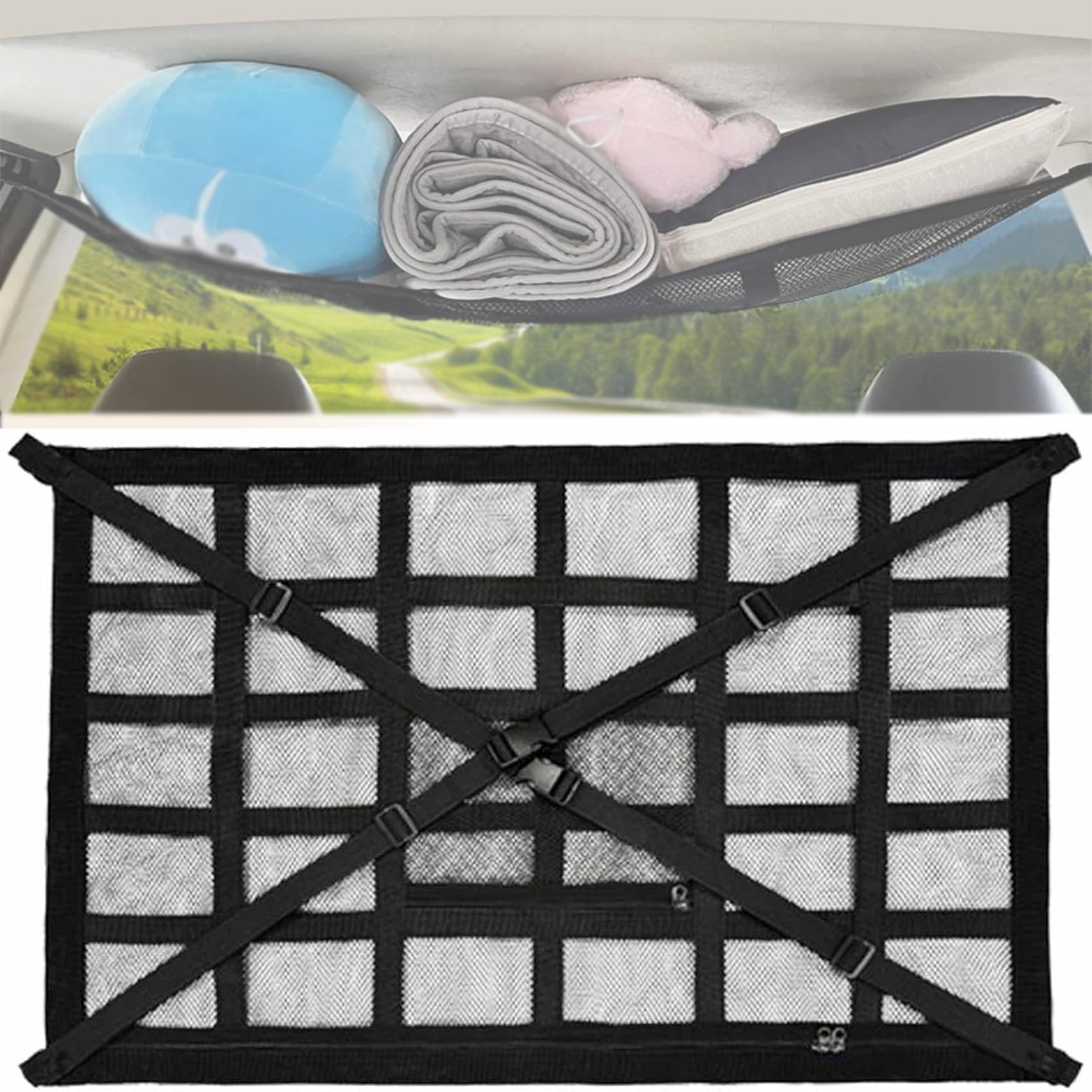 Car Ceiling Cargo Network Slimline Cargo Net, Double Layer Roof Mesh, Strengthen Load-Bearing and Droop Less, Truck SUV Travel Long Road Trip Camping Interior Accessories (Black 30 grids,35.4*25.6in) von Generisch