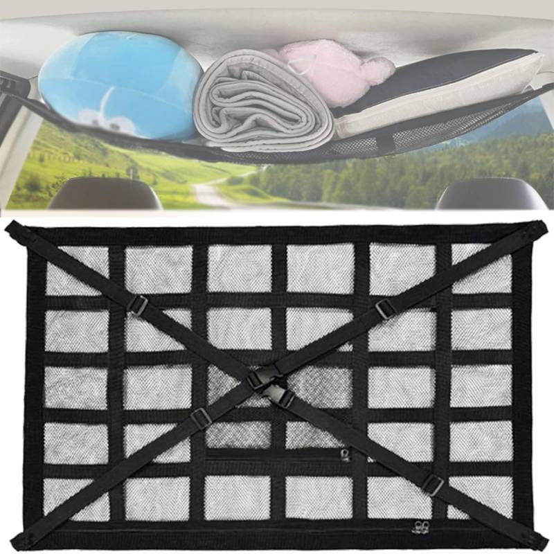 Car Ceiling Cargo Network Slimline Cargo Net, Double Layer Roof Mesh, Strengthen Load-Bearing and Droop Less, Truck SUV Travel Long Road Trip Camping Interior Accessories (Black 30 grids,35.4*25.6in) von Generisch