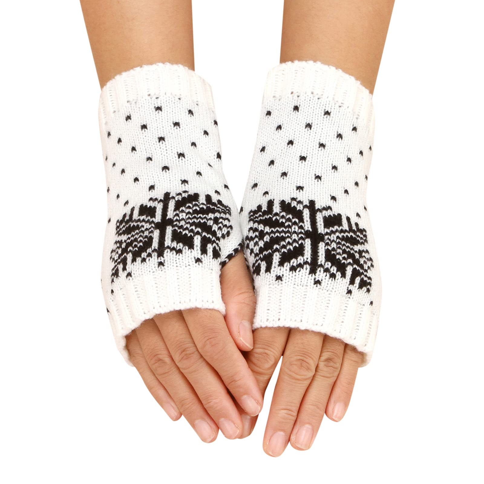 Damen Herbst Winter Schneeflocke verzierte gestrickte warme Halbfinger-Handschuhe Fäustlinge (weiß, Einheitsgröße) von Generisch