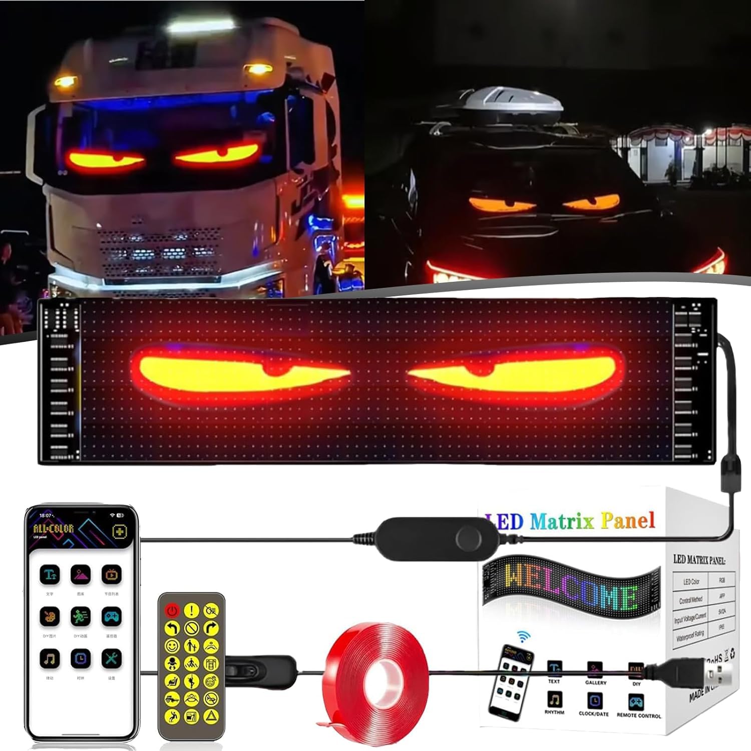 Edit Text Graffiti programmierbarer Flex-LED-Bildschirm Augen, Auto dynamische LED Smart Bunte Augenlampe, weicher Bildschirm, Auto-LED-Display, App-Steuerung, benutzerdefinierte Textanimation (10,2 x von Generisch