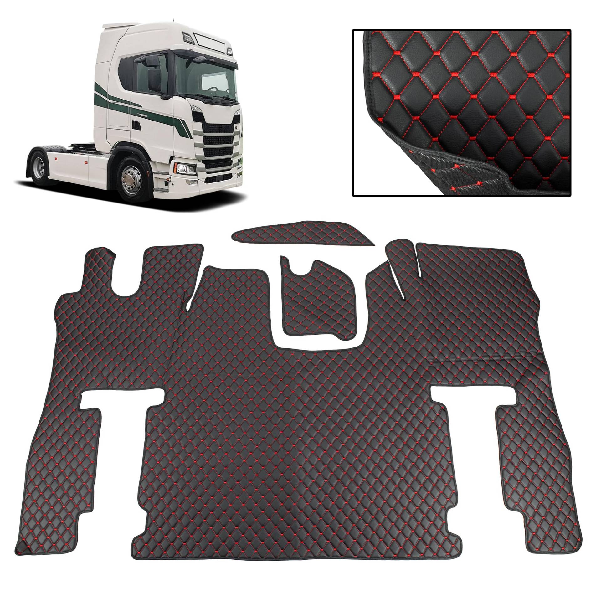 Fußmatten Öko-Leder Schwarz mit Rot Stitche passend für Scania S (2017-..) LUX NEU Generation Trucks/LKWs mit Automatisch Getriebe + Fußmatten Zubehor und Fußmatten Tunnelabdeckung Innenausstattung von Generisch