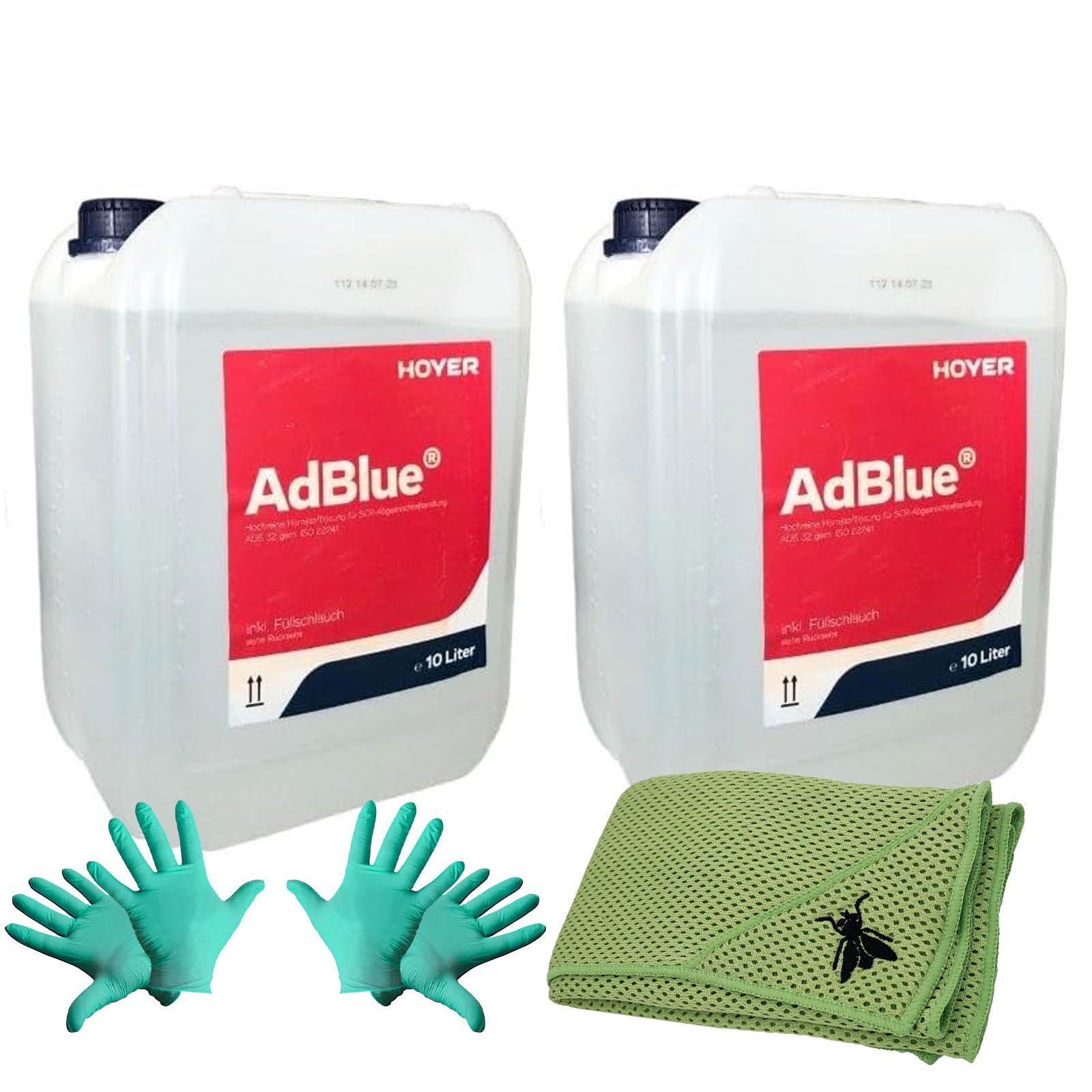 Generisch 20L Harnstofflösung SCR 2x10L Hoyer AdBlue® Abgasnachbehandlung inkl. Insektentuch grün 40x40cm, Einweghandschuhen und Einfüllschlauch von Generisch