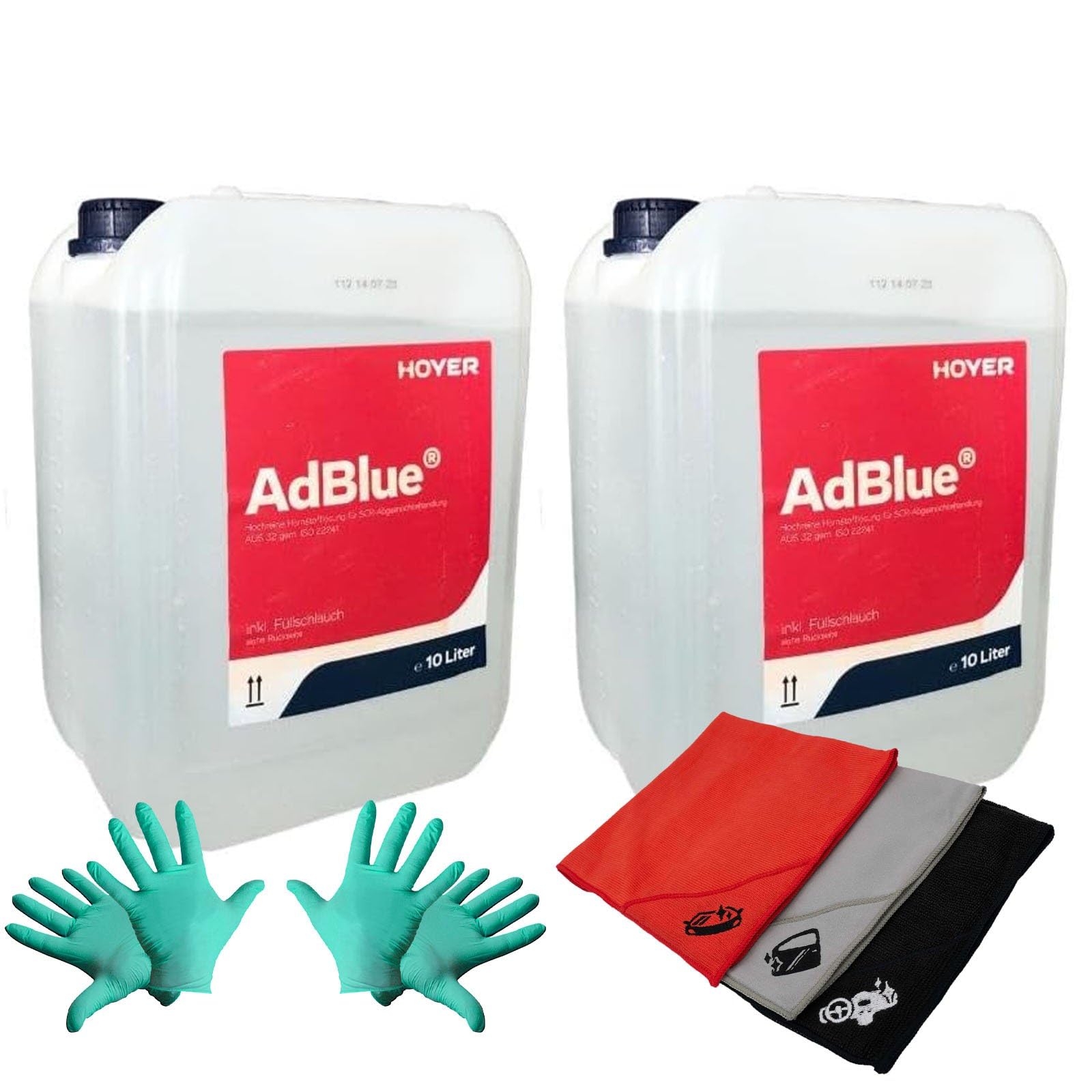 Generisch 2 x 10L Hoyer AdBlue® Harnstofflösung für Dieselautos | inkl. Kanister mit Ausgießer, | Reduziert Stickoxide | + 2 Paar Einweghandschuhe + 3 Mikrofaser-Tücher (40x30 cm) von Generisch