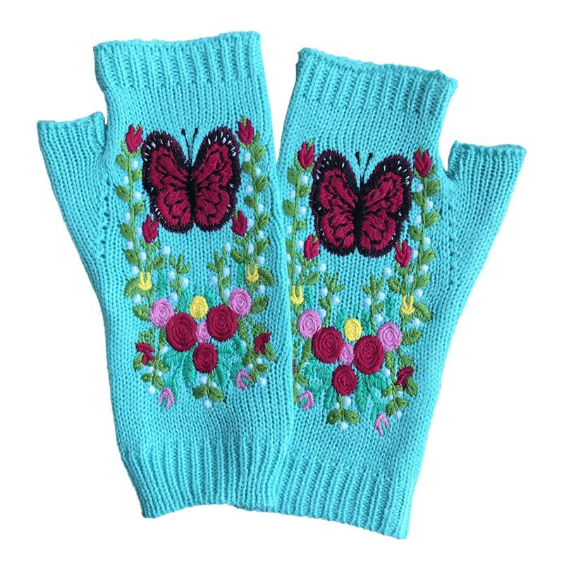 Generisch Handgestickte Winterhandschuhe für Damen, Winter-Schmetterlingsblume, lange warme handgestrickte Handschuhe Lackleder Handschuhe (Sky Blue, A) von Generisch