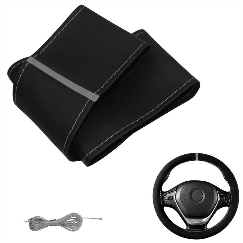 Generisch Lenkradbezug Pu Leder, Auto Lenkradhülle zum schnüren Nähen Gestreift Sport Design M4 Schwarz Grau Universalgrösse 37-39 cm von Generisch