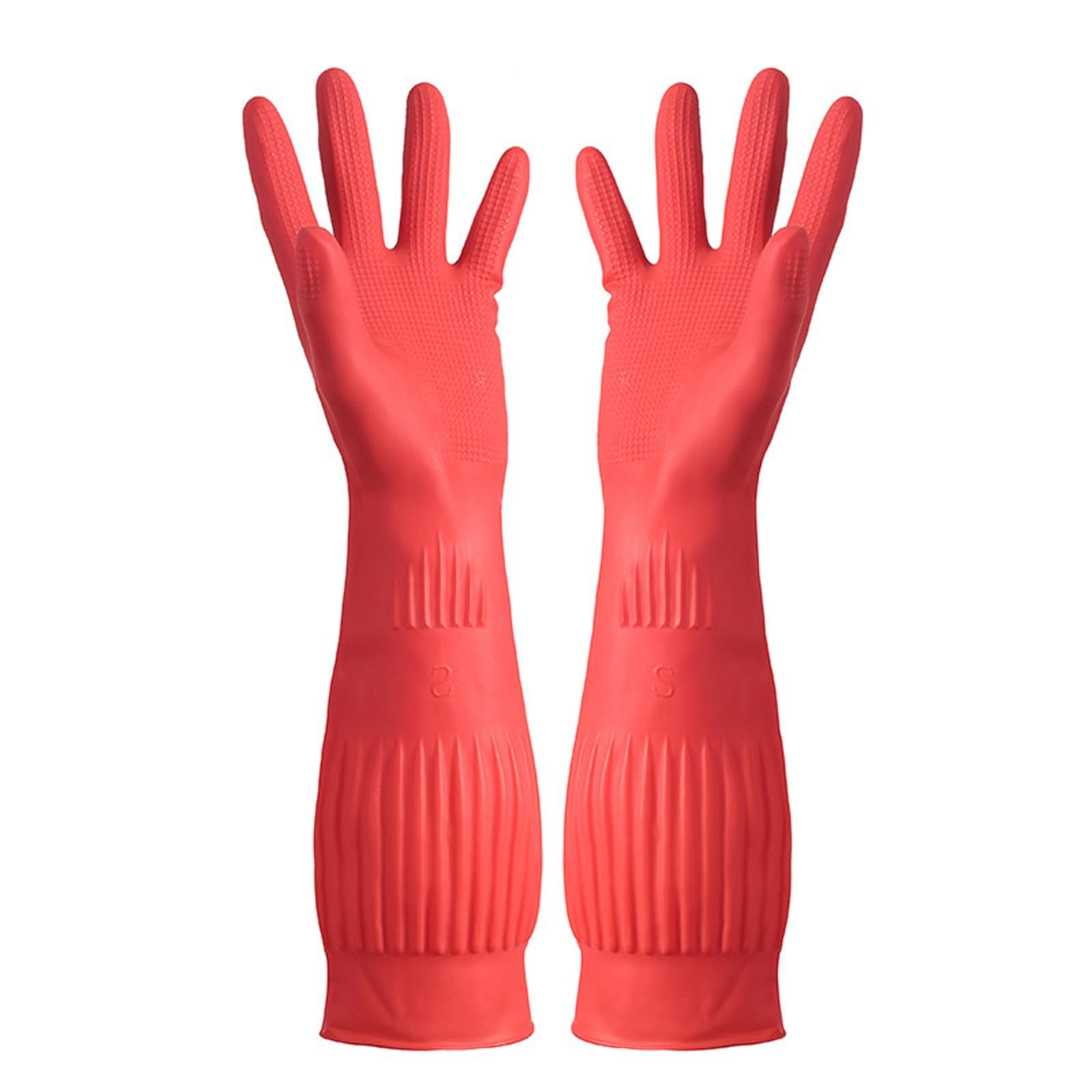 Gummi-verdickte Rindsleder-Latex-Handschuhe für Geschirrspülen, Wäsche, Slipwear, strapazierfähige Arbeitshandschuhe, Gummi- und Kunststoffhandschuhe, Größe M, 100 (rot, 38 cm) von Generisch