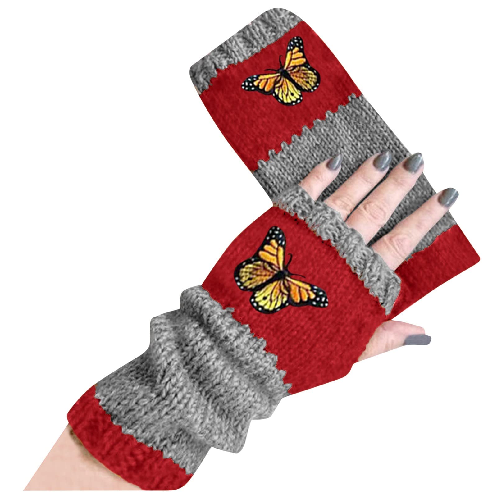 Handschuhe Damen Fahrradhandschuhe Arbeitshandschuhe Herren Winterhandschuhe Herren Fingerhandschuh Modische Strickhandschuhe Fäustlinge Stulpen Damen Hände Lange Handschuhe (Red, One Size) von Generisch