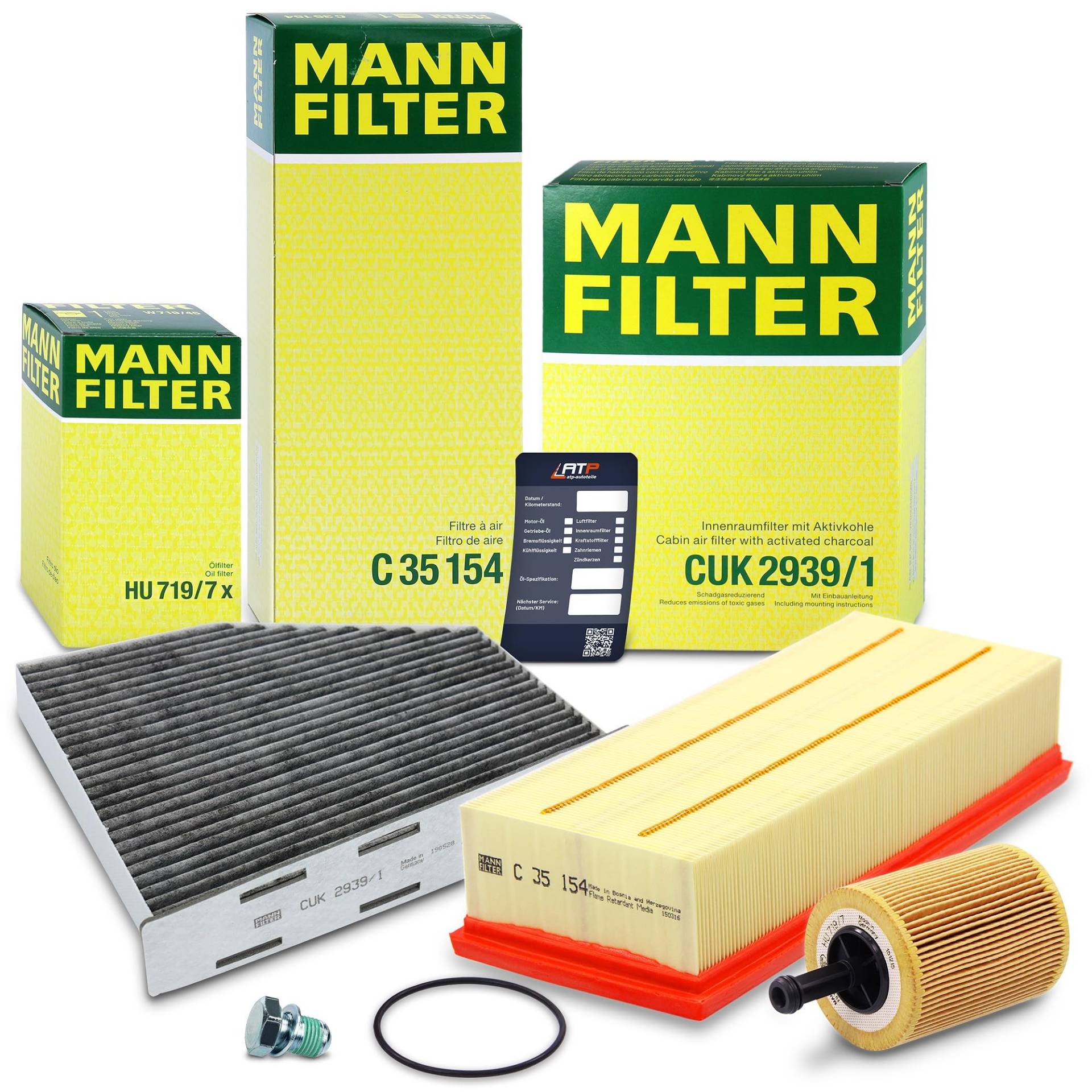 MANN-FILTER Inspektionspaket Filterset 1x Ölfilter, 1x Luftfilter, 1x Innenraumfilter (Aktivkohlefilter), 1x Ölablassschraube mit Dichtring, 1x Ölwechselanhänger, von GTTCCG