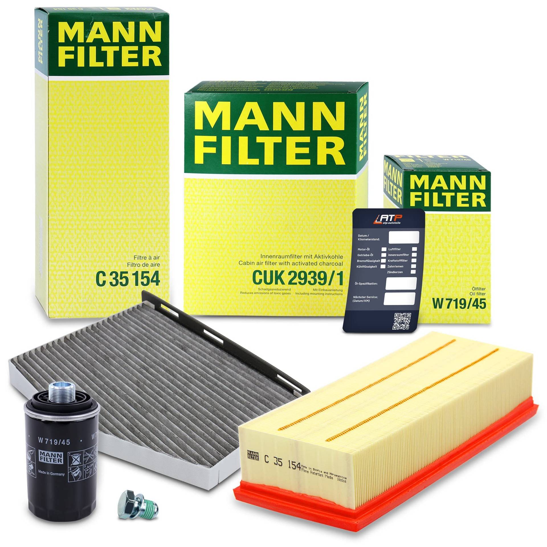 MANN-FILTER Inspektionspaket Filterset 1x Ölfilter, 1x Luftfilter, 1x Innenraumfilter (Aktivkohlefilter), 1x Ölablassschraube mit Dichtring, 1x Ölwechselanhänger, von Generisch