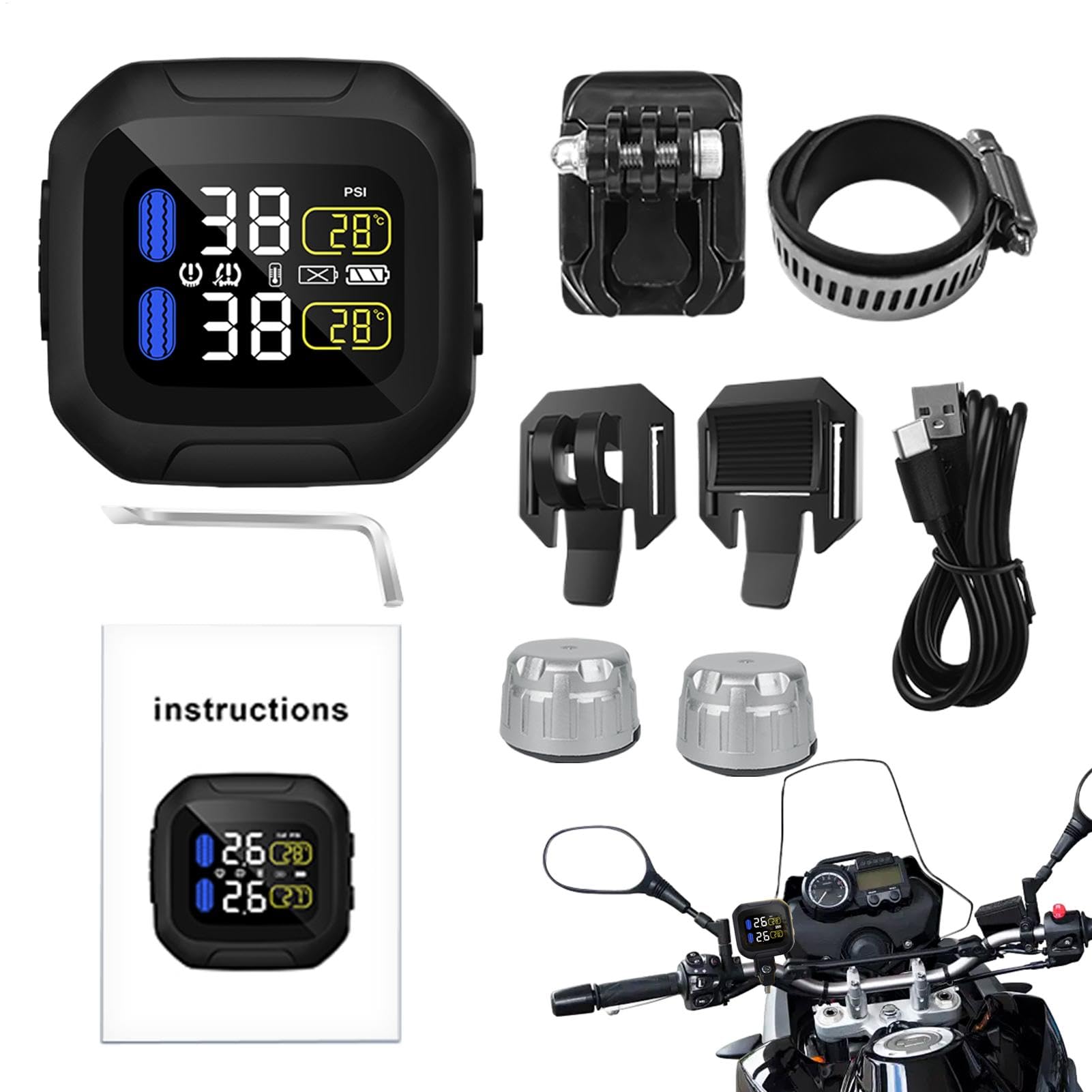 Kabelloses TPMS, Reifendruck, solarbetrieben, intelligentes System, Motorrad-Monitor, kabellos, über USB wiederaufladbares TPMS, intelligentes Scooter-TPMS zur Überwachung von Reifendruck und von Generisch