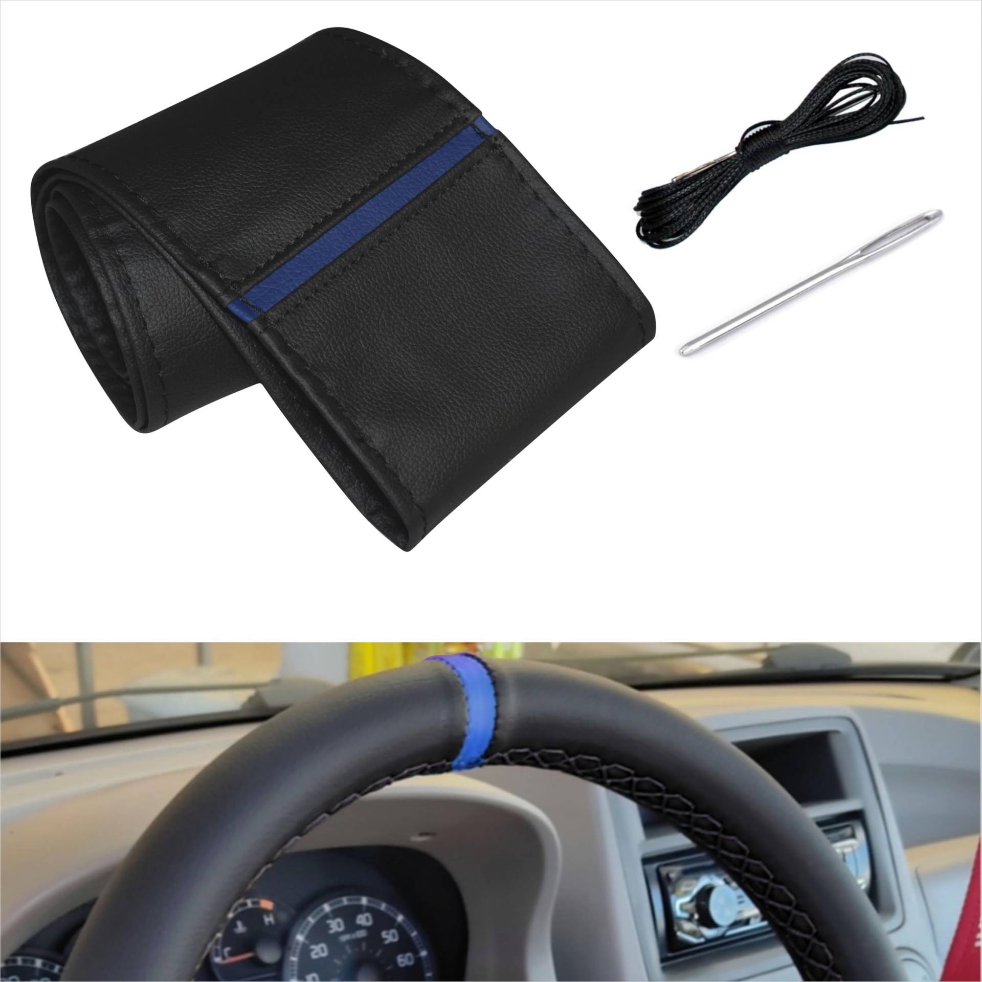 Lenkradbezug Pu Leder, Auto Lenkradhülle zum schnüren Nähen Gestreift Sport Design M4 Schwarz Blau Universalgrösse 37-38 cm von Generisch