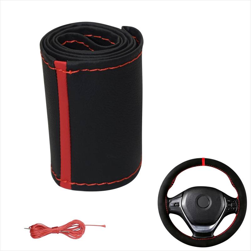 Lenkradbezug Pu Leder, Auto Lenkradhülle zum schnüren Nähen Gestreift Sport Design M4 Schwarz Rot Universalgrösse 37-38 cm von Generisch