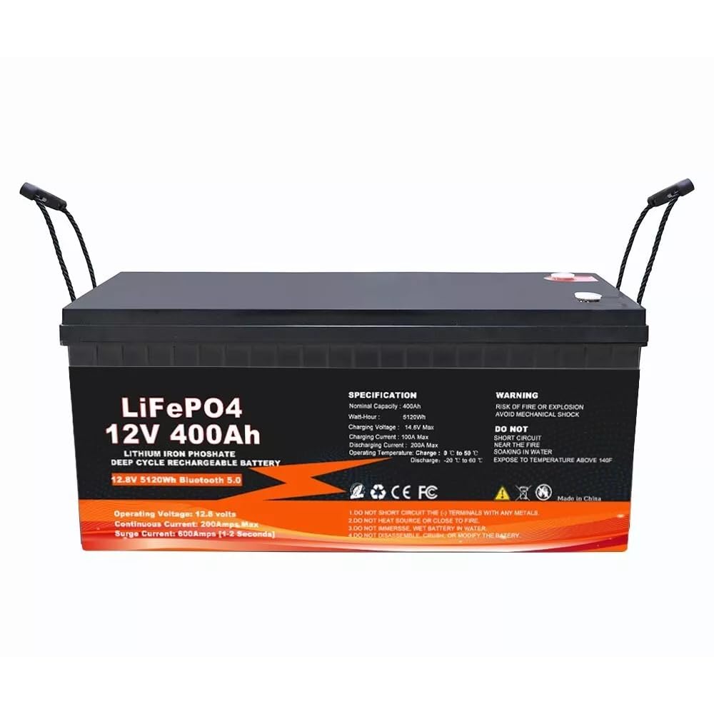 LiFePO4 Akku 12V 400Ah Solar Batterie Boot Wohnmobil Photovoltaik 12V 400Ah LiFePO4 Batterie, 200A BMS, 6000 Zyklen Deep Cycle Lithium Akku, 5120Wh Leistung Wohnwagen, Camping, Boote von Generisch