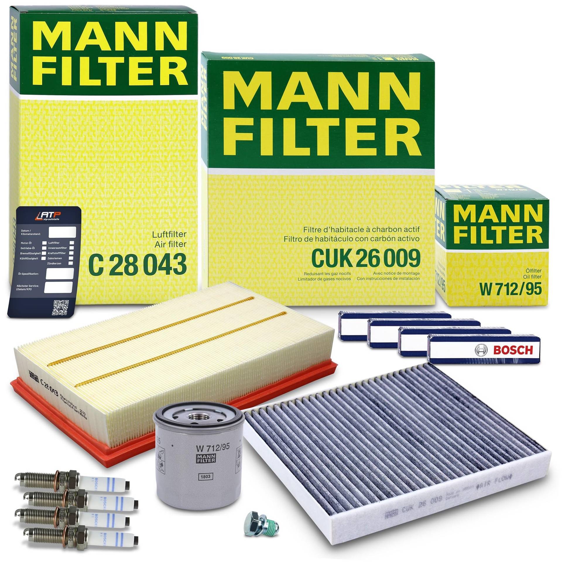 MANN-FILTER Inspektionspaket Filterset 1x Ölfilter, 1x Innenraumfilter (Aktivkohle), 1x Luftfilter, 4x Zündkerze, 1x BESTPRICE Ölablassschraube mit Dichtung, von Generisch