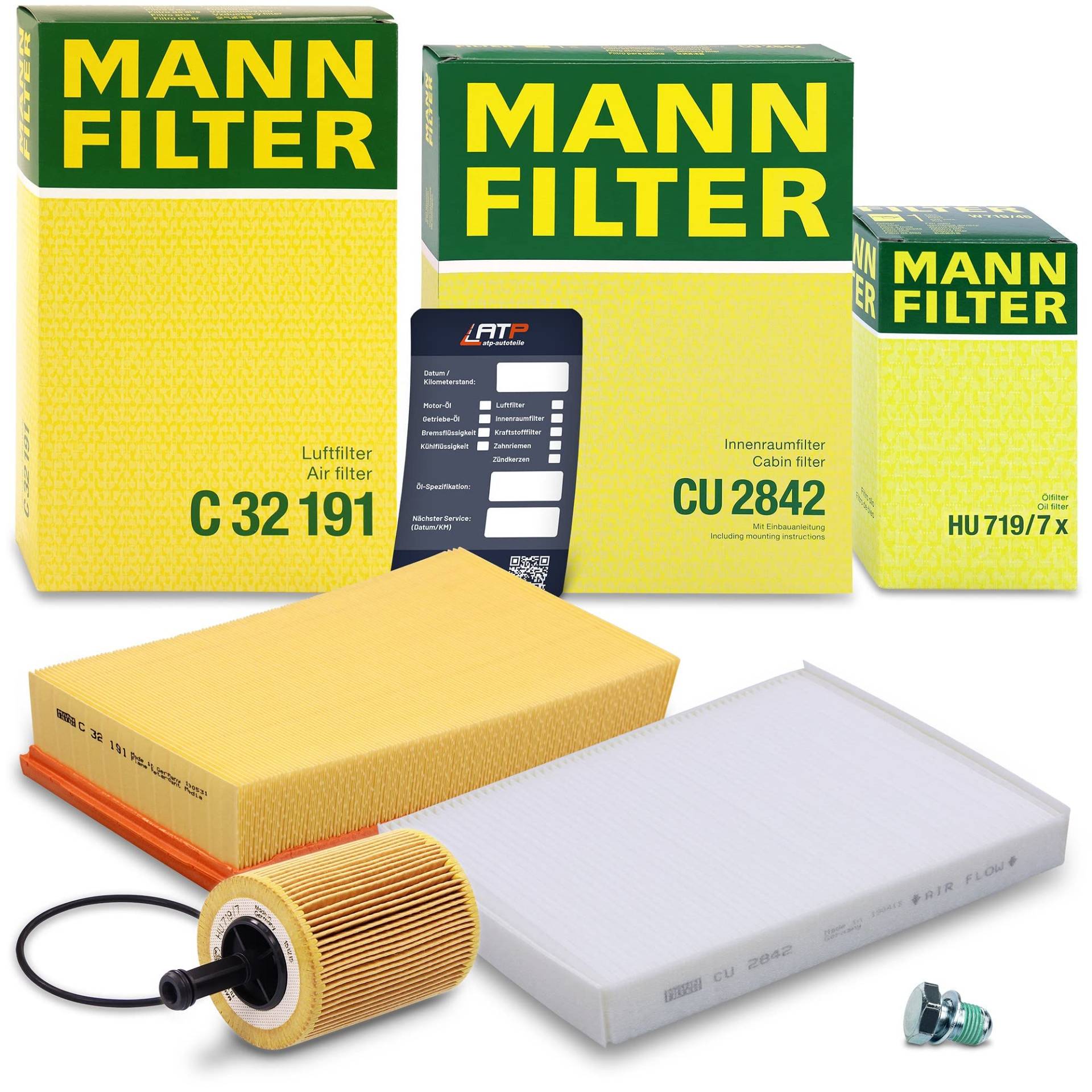 MANN-FILTER Inspektionspaket Filterset 1x Ölfilter, 1x Luftfilter, 1x Innenraumfilter, 1x Ölablassschraube mit Dichtring, 1x Ölwechselanhänger Kompatibel mit VW MULTIVAN T5, TRANSPORTER T5 von Generisch