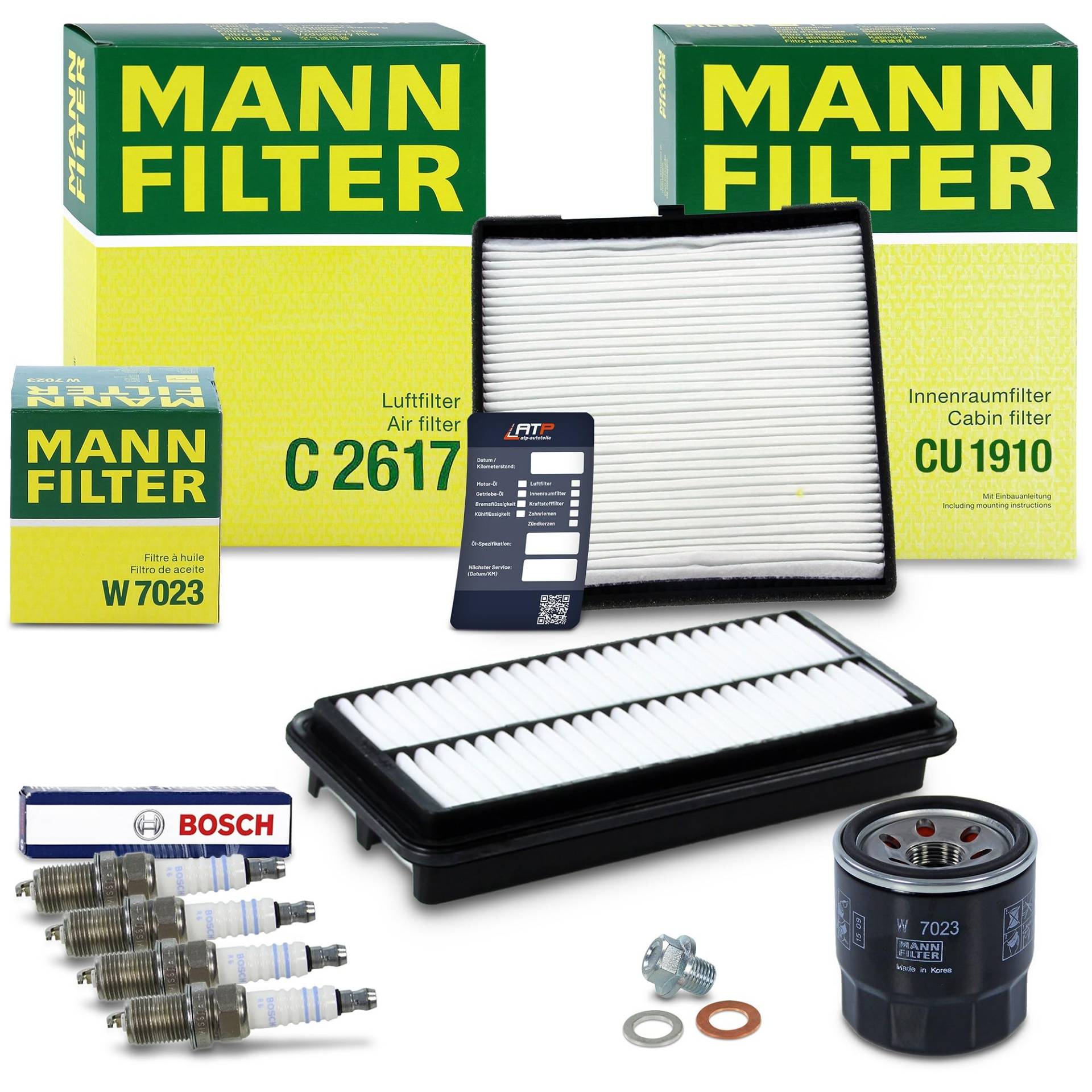 MANN-FILTER Inspektionspaket Filterset 1x Ölfilter, 1x Luftfilter, 1x Innenraumfilter, 4x Zündkerze, 1x Ölablassschraube mit Dichtung, 1x Ölwechselanhänger Kompatibel mit KIA PICANTO I (SA) von Generisch