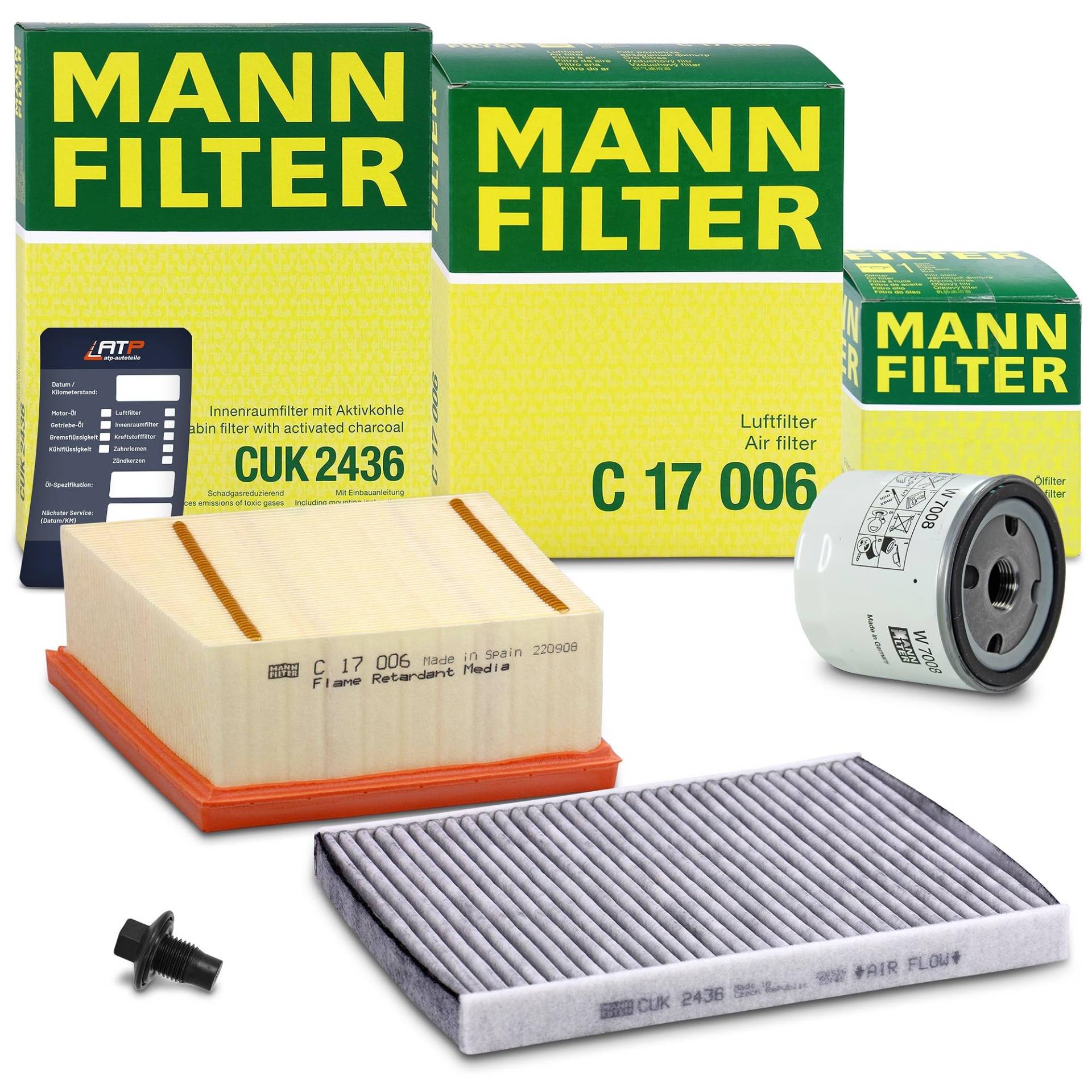 MANN-FILTER Inspektionspaket Filterset 1x Ölfilter, 1x Luftfilter, 1x Innenraumfilter (Aktivkohle), 1x Ölablassschraube mit Dichtring, 1x Ölwechselanhänger Kompatibel mit FORD B-MAX (JK), FIESTA Mk6 von Generisch