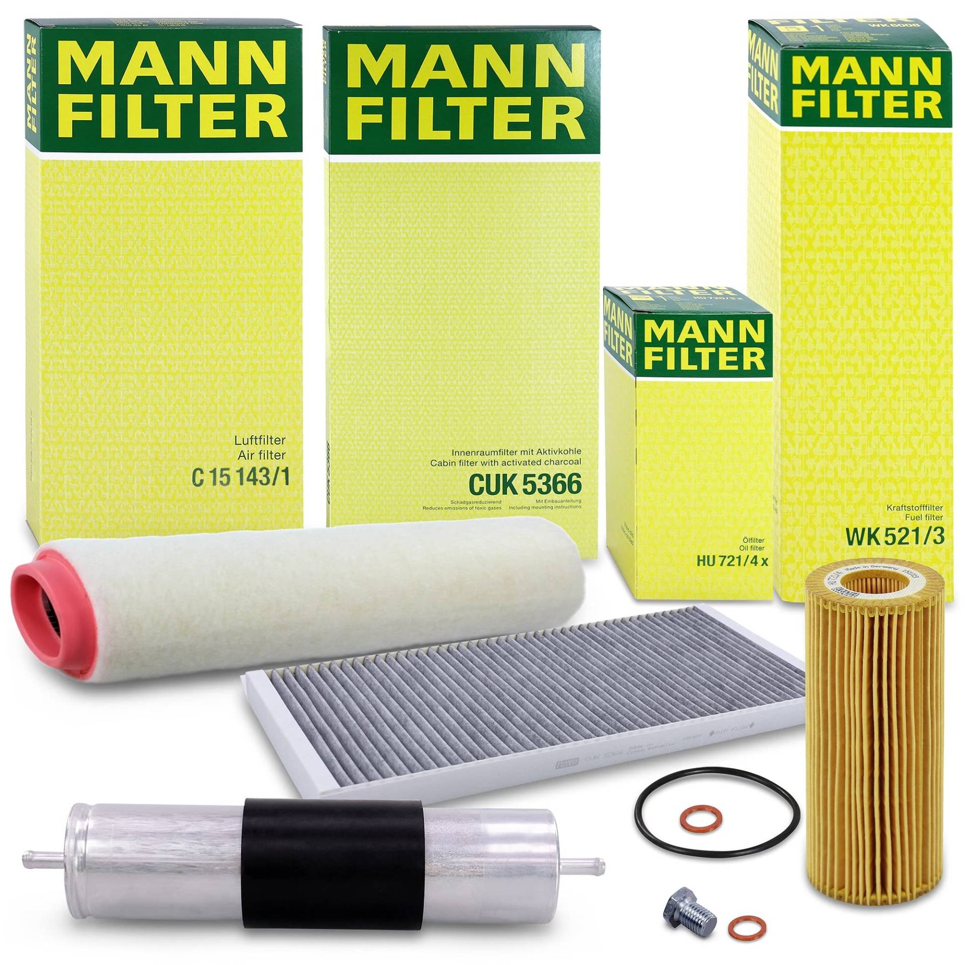 MANN-FILTER Inspektionspaket Filterset 1x Ölfilter, 1x Luftfilter, 1x Innenraumfilter (Aktivkohlefilter), 1x Kraftstofffilter, 1x Ölablassschraube Kompatibel mit BMW X5 (E53) von Generisch