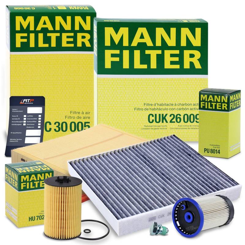 MANN-FILTER Inspektionspaket Filterset 1x Ölfilter, 1x Luftfilter, 1x Innenraumfilter (Aktivkohlefilter), 1x Kraftstofffilter, 1x Ölablassschraube mit Dichtung, 1x Ölwechselanhänger, von Generisch