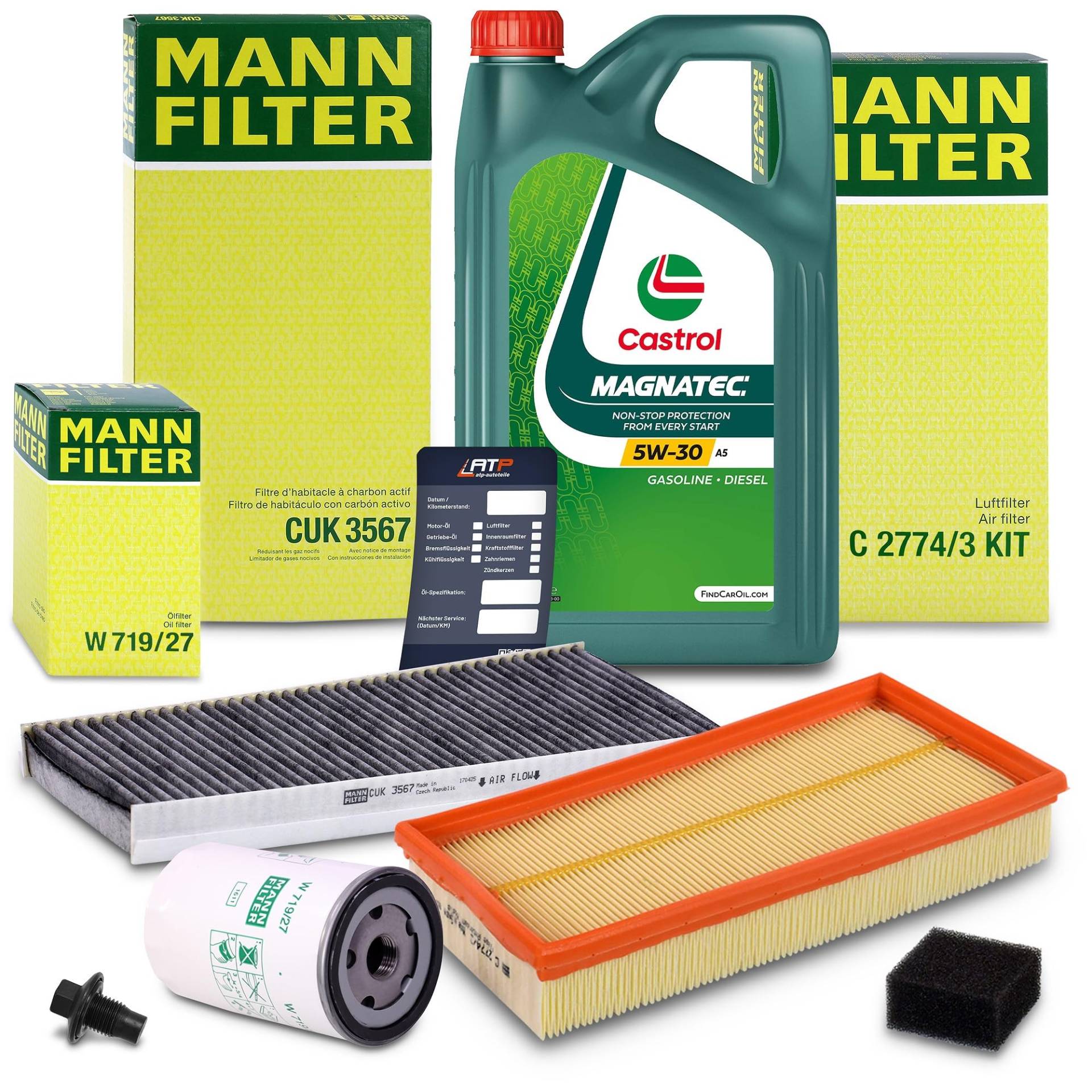 MANN-FILTER Inspektionspaket Filterset 1x Ölfilter, 1x Luftfilter, 1x Innenraumfilter (Aktivkohlefilter), 1x Motoröl 5W-30 A5 MAGNATEC STOP-START 5l Kompatibel mit FORD FOCUS Mk1, TOURNEO CONNECT von Generisch