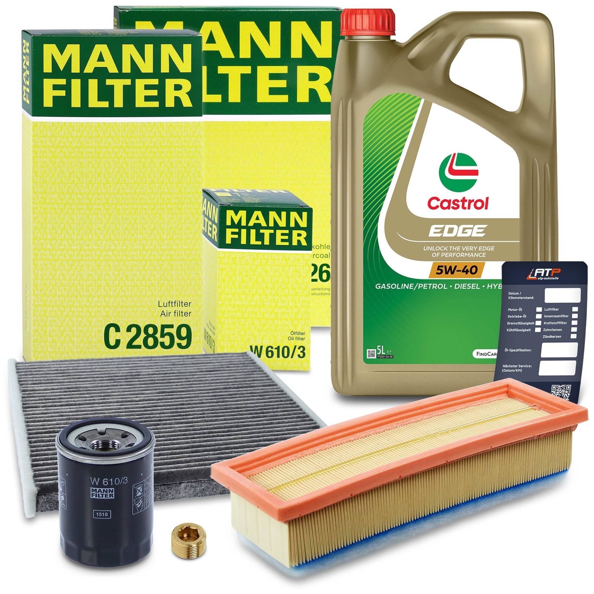 MANN-FILTER Inspektionspaket Filterset 1x Ölfilter, 1x Luftfilter, 1x Innenraumfilter (Aktivkohlefilter), 1x Motoröl 5W-40 5l Kompatibel mit FIAT 500 (312_), PANDA, FORD KA (RU8), LANCIA YPSILON von Generisch