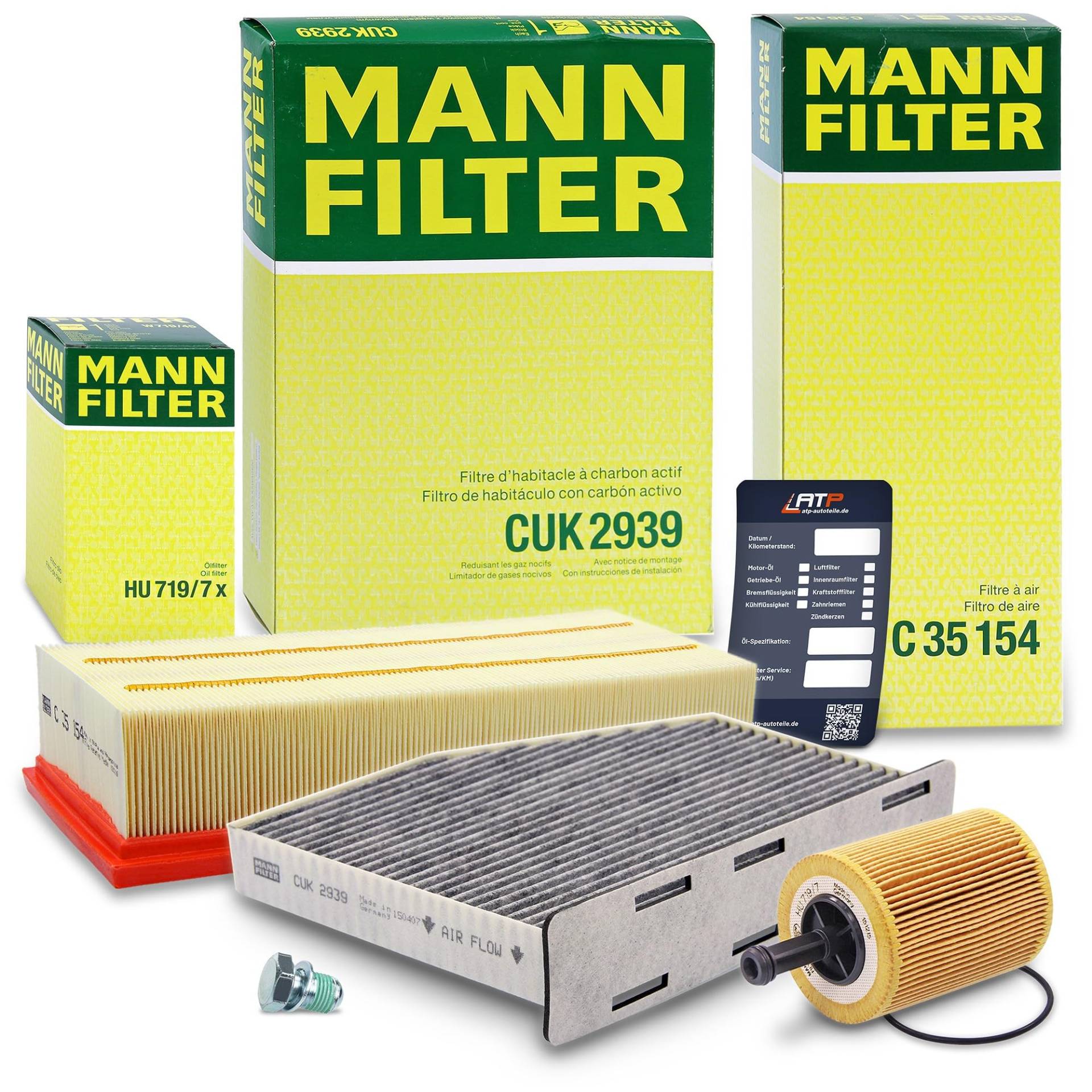 MANN-FILTER Inspektionspaket Filterset 1x Ölfilter, 1x Luftfilter, 1x Innenraumfilter (Aktivkohlefilter), 1x Ölablassschraube, 1x Ölwechselanhänger, von Generisch