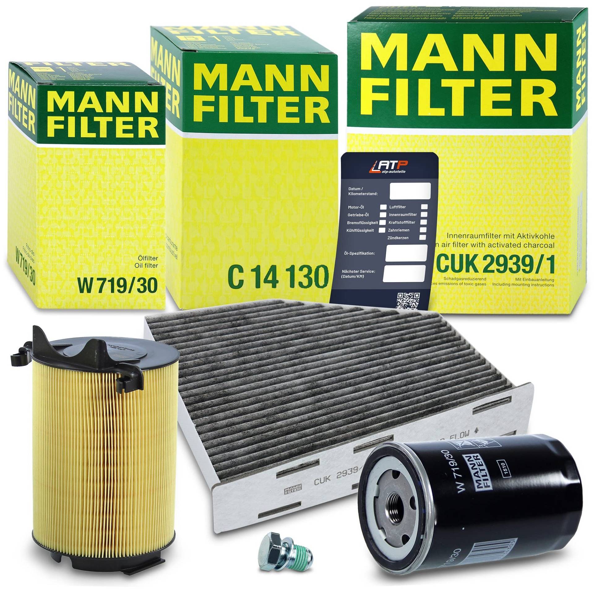 MANN-FILTER Inspektionspaket Filterset 1x Ölfilter, 1x Luftfilter, 1x Innenraumfilter (Aktivkohlefilter), 1x Ölablassschraube, 1x Ölwechselanhänger, von Generisch