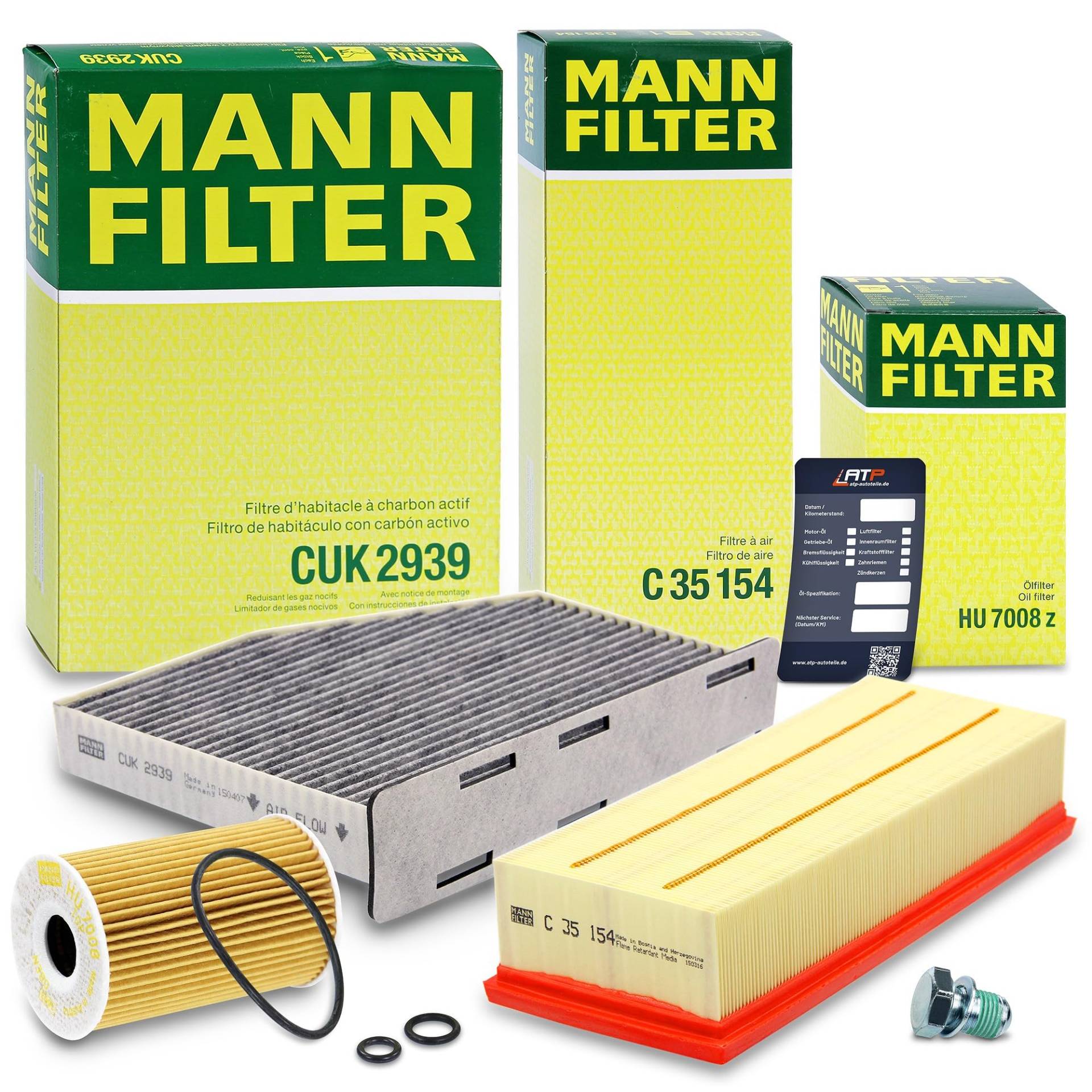 MANN-FILTER Inspektionspaket Filterset 1x Ölfilter, 1x Luftfilter, 1x Innenraumfilter (Aktivkohlefilter), 1x Ölablassschraube, 1x Ölwechselanhänger, von Generisch