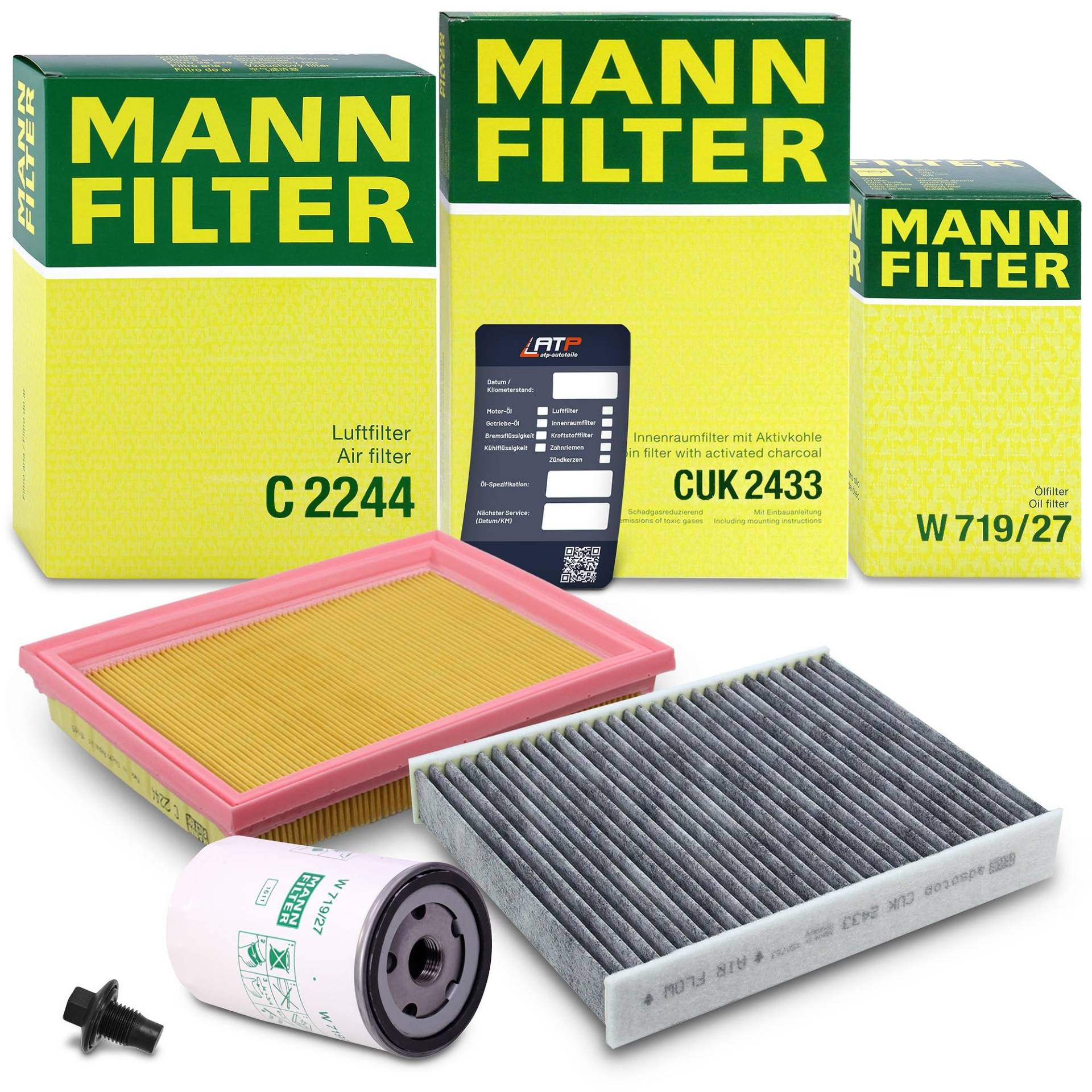 MANN-FILTER Inspektionspaket Filterset 1x Ölfilter, 1x Luftfilter, 1x Innenraumfilter (Aktivkohlefilter), 1x Ölablassschraube, 1x Ölwechselanhänger Kompatibel mit FORD FIESTA Mk5, FUSION (JU_) von Generisch