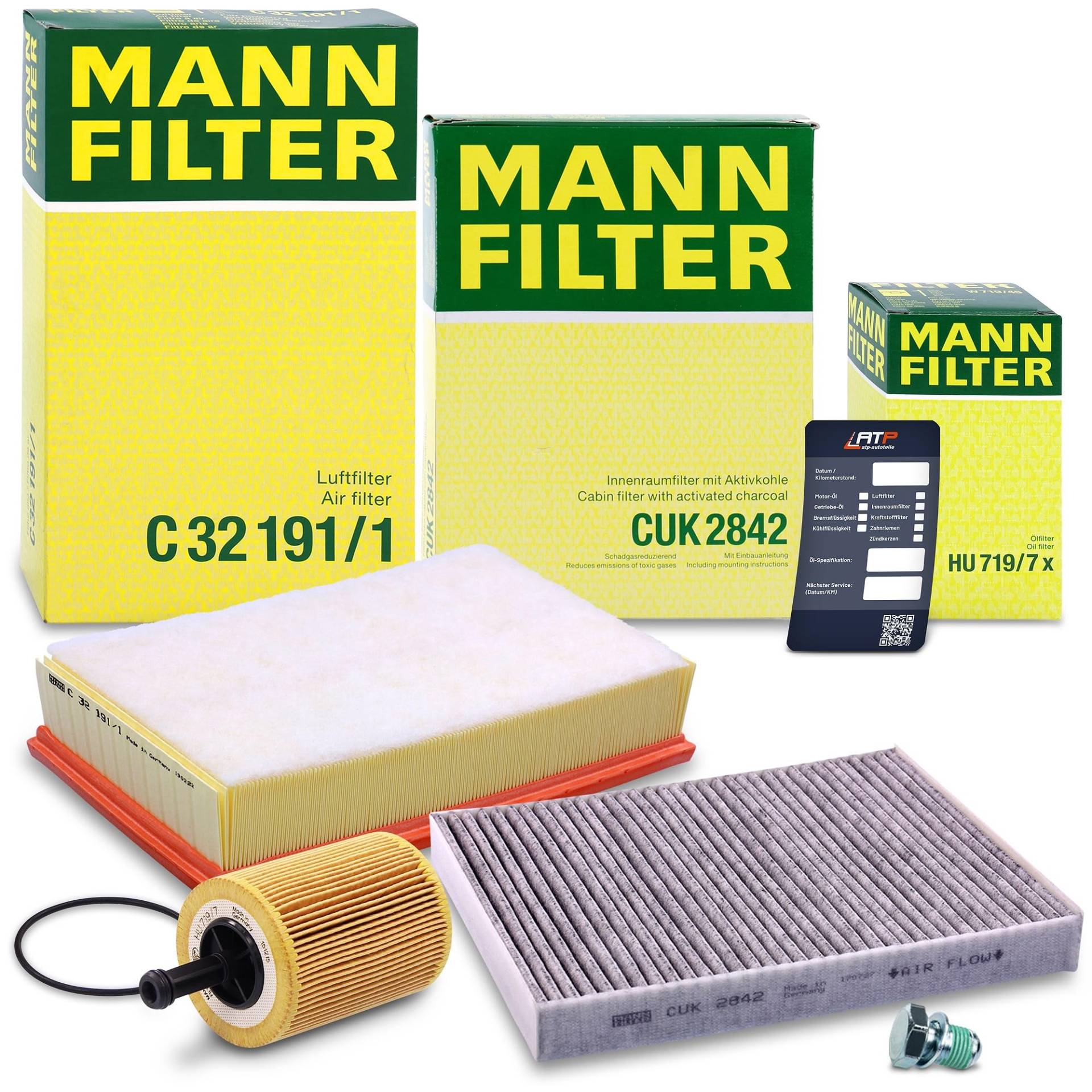 MANN-FILTER Inspektionspaket Filterset 1x Ölfilter, 1x Luftfilter, 1x Innenraumfilter (Aktivkohlefilter), 1x Ölablassschraube, 1x Ölwechselanhänger Kompatibel mit VW MULTIVAN T5, TRANSPORTER T5 von Generisch