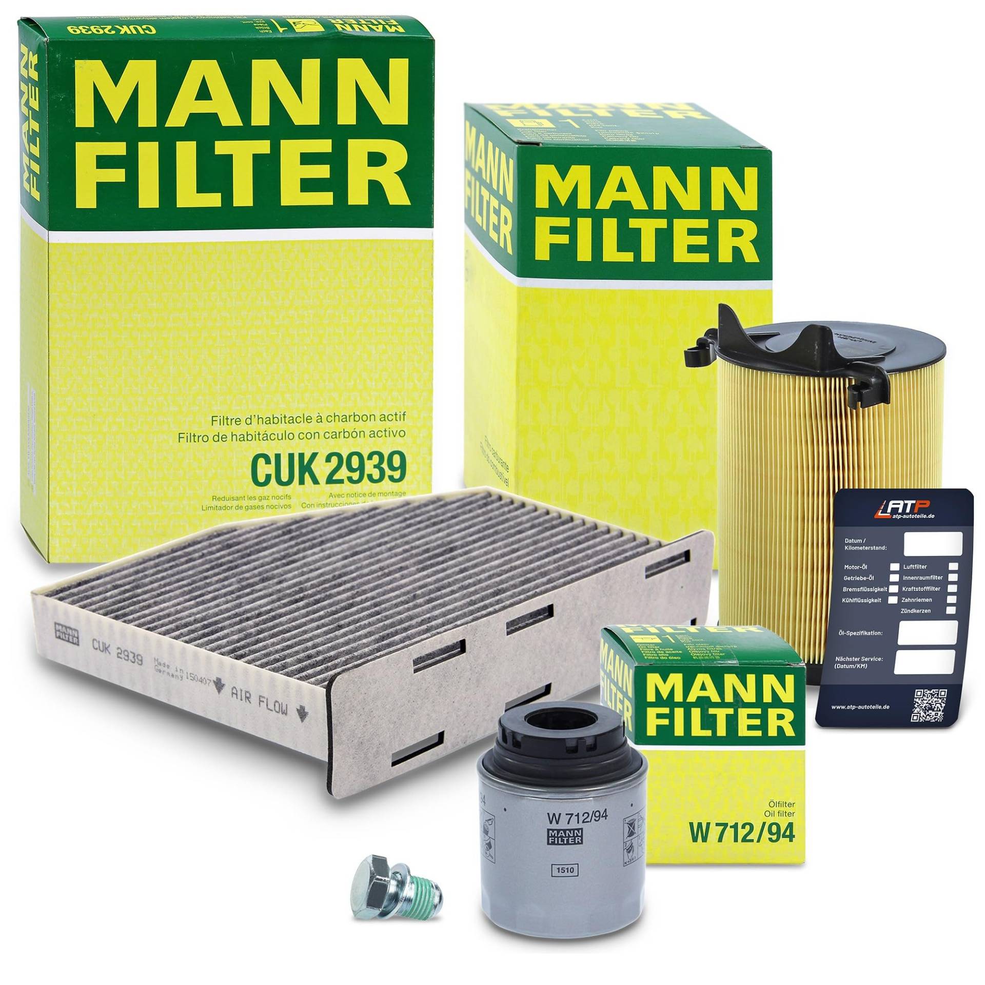 MANN-FILTER Inspektionspaket Filterset 1x Ölfilter, 1x Luftfilter, 1x Innenraumfilter (Aktivkohlefilter), 1x Ölablassschraube mit Dichtring, 1x Ölwechselanhänger, von Generisch