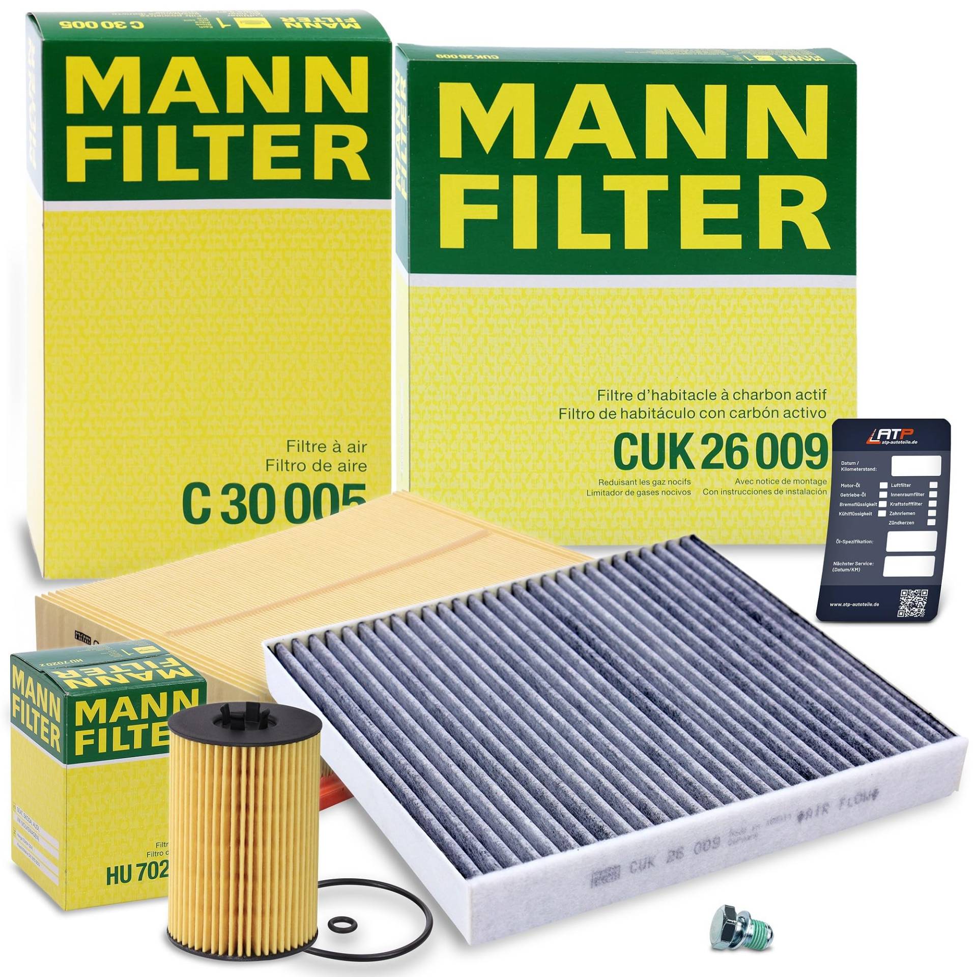 MANN-FILTER Inspektionspaket Filterset 1x Ölfilter, 1x Luftfilter, 1x Innenraumfilter (Aktivkohlefilter), 1x Ölablassschraube mit Dichtring, 1x Ölwechselanhänger, von Generisch