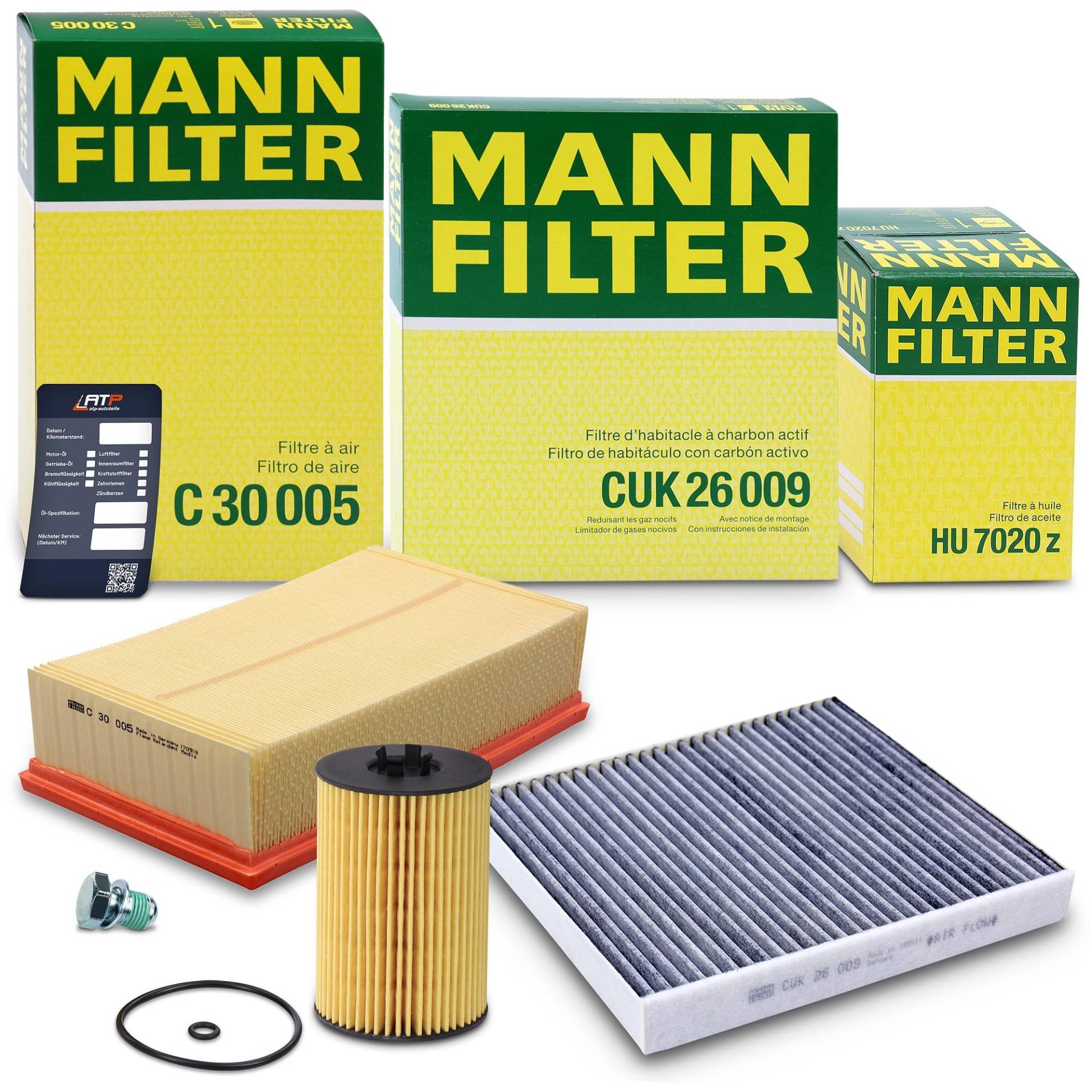 MANN-FILTER Inspektionspaket Filterset 1x Ölfilter, 1x Luftfilter, 1x Innenraumfilter (Aktivkohlefilter), 1x Ölablassschraube mit Dichtring, 1x Ölwechselanhänger, von Generisch