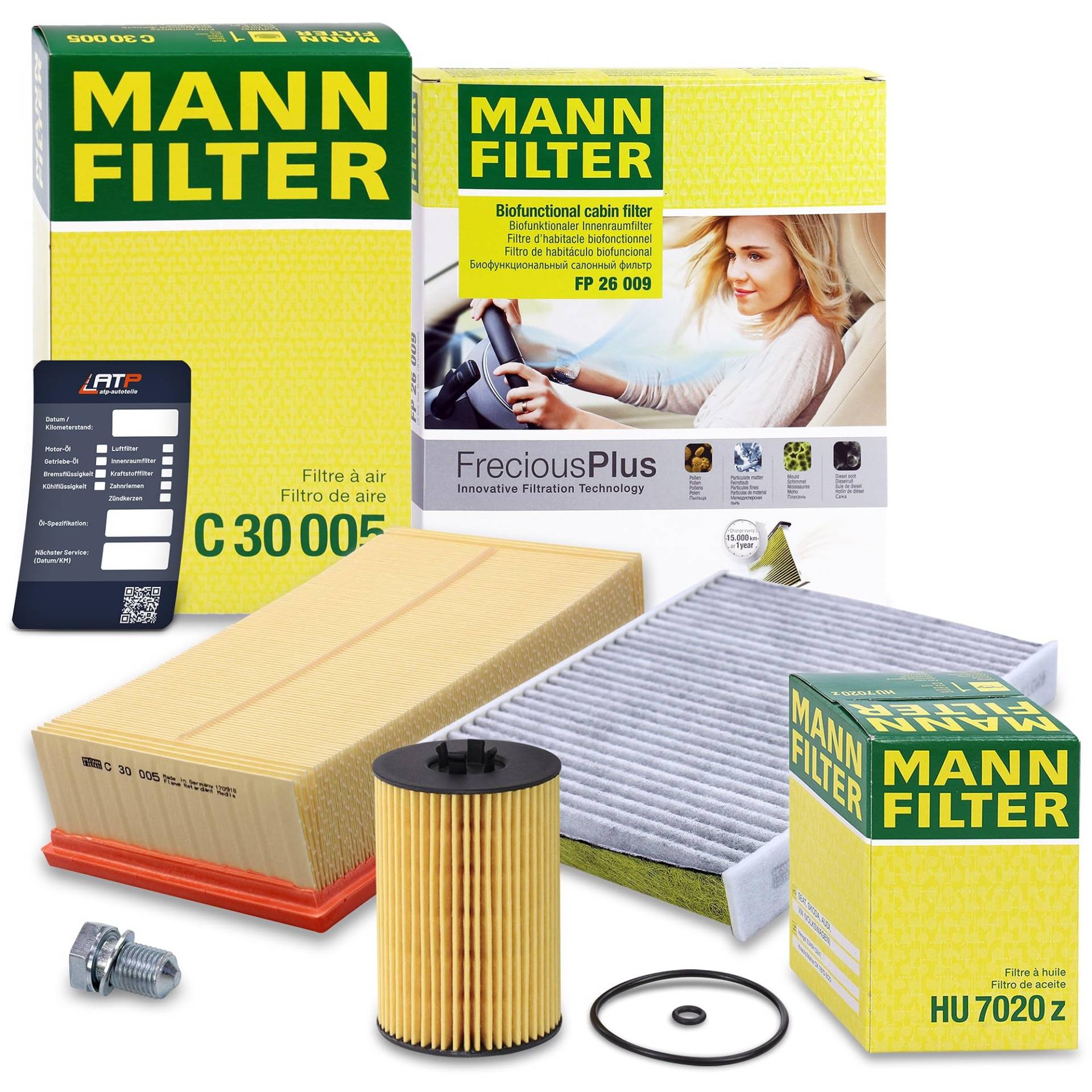 MANN-FILTER Inspektionspaket Filterset 1x Ölfilter, 1x Luftfilter, 1x Innenraumfilter (Aktivkohlefilter), 1x Ölablassschraube mit Dichtring, 1x Ölwechselanhänger, von Generisch