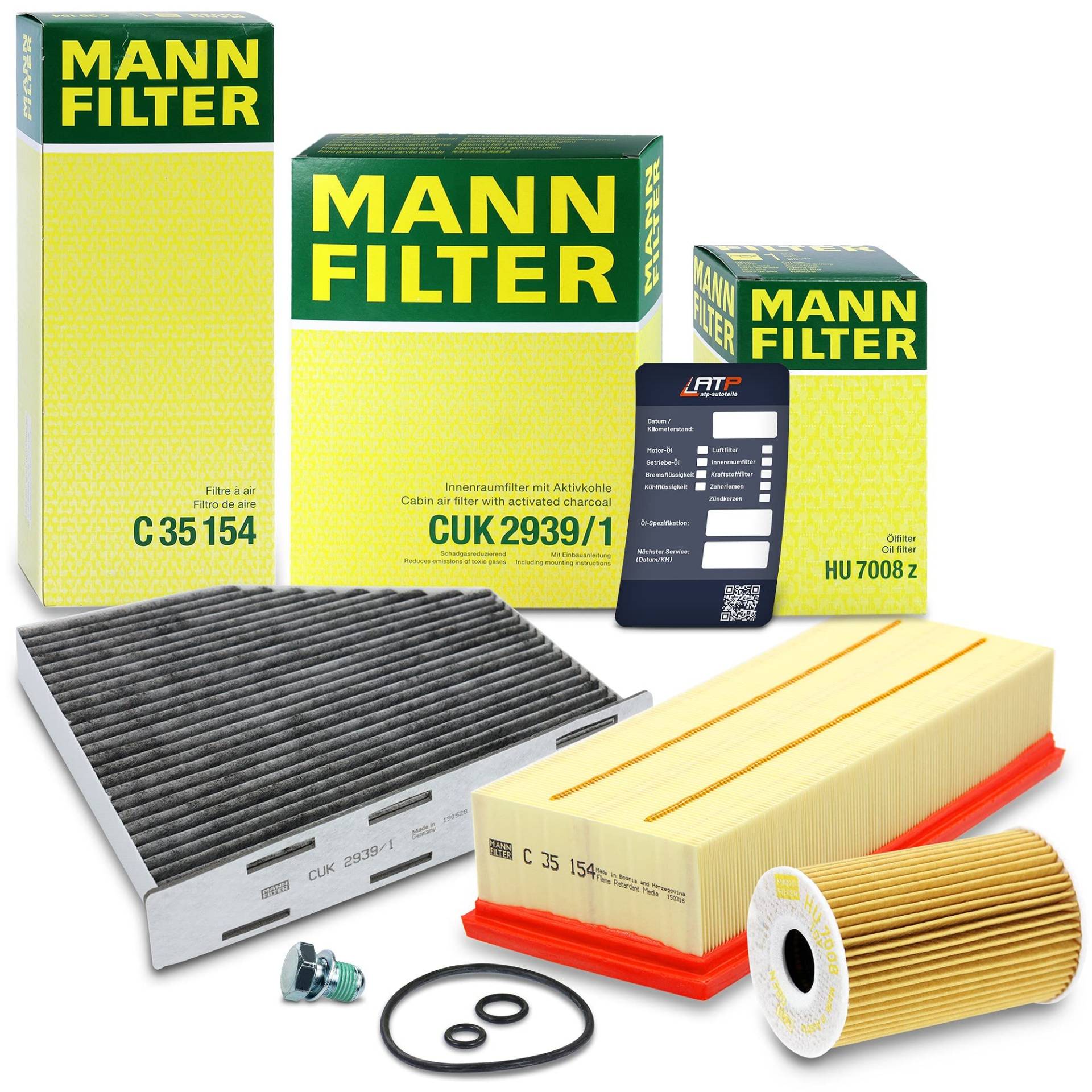 MANN-FILTER Inspektionspaket Filterset 1x Ölfilter, 1x Luftfilter, 1x Innenraumfilter (Aktivkohlefilter), 1x Ölablassschraube mit Dichtring, 1x Ölwechselanhänger, von Generisch