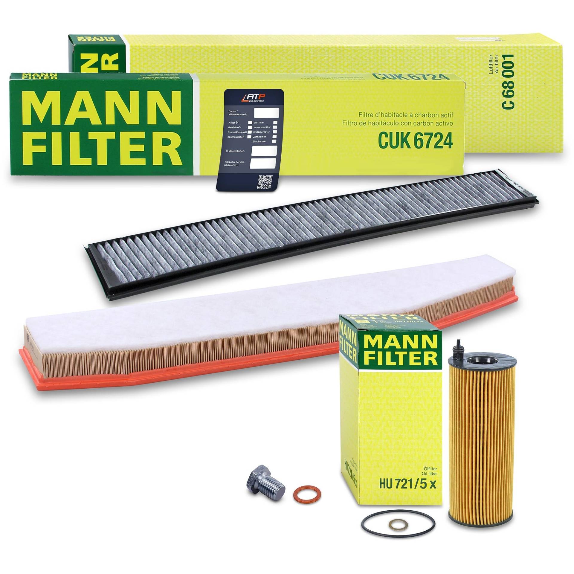 MANN-FILTER Inspektionspaket Filterset 1x Ölfilter, 1x Luftfilter, 1x Innenraumfilter (Aktivkohlefilter), 1x Ölablassschraube mit Dichtring, 1x Ölwechselanhänger Kompatibel mit BMW X3 (E83) von Generisch