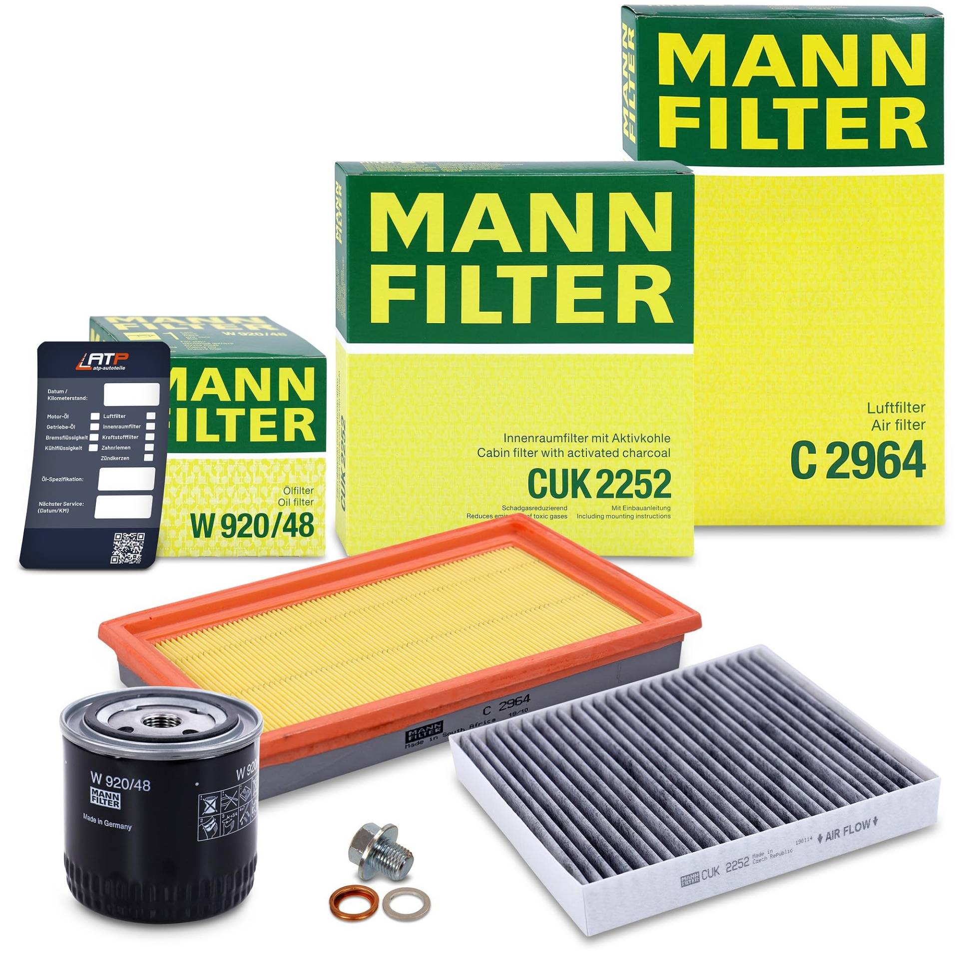 MANN-FILTER Inspektionspaket Filterset 1x Ölfilter, 1x Luftfilter, 1x Innenraumfilter (Aktivkohlefilter), 1x Ölablassschraube mit Dichtring, 1x Ölwechselanhänger Kompatibel mit NISSAN X-TRAIL I (T30) von Generisch