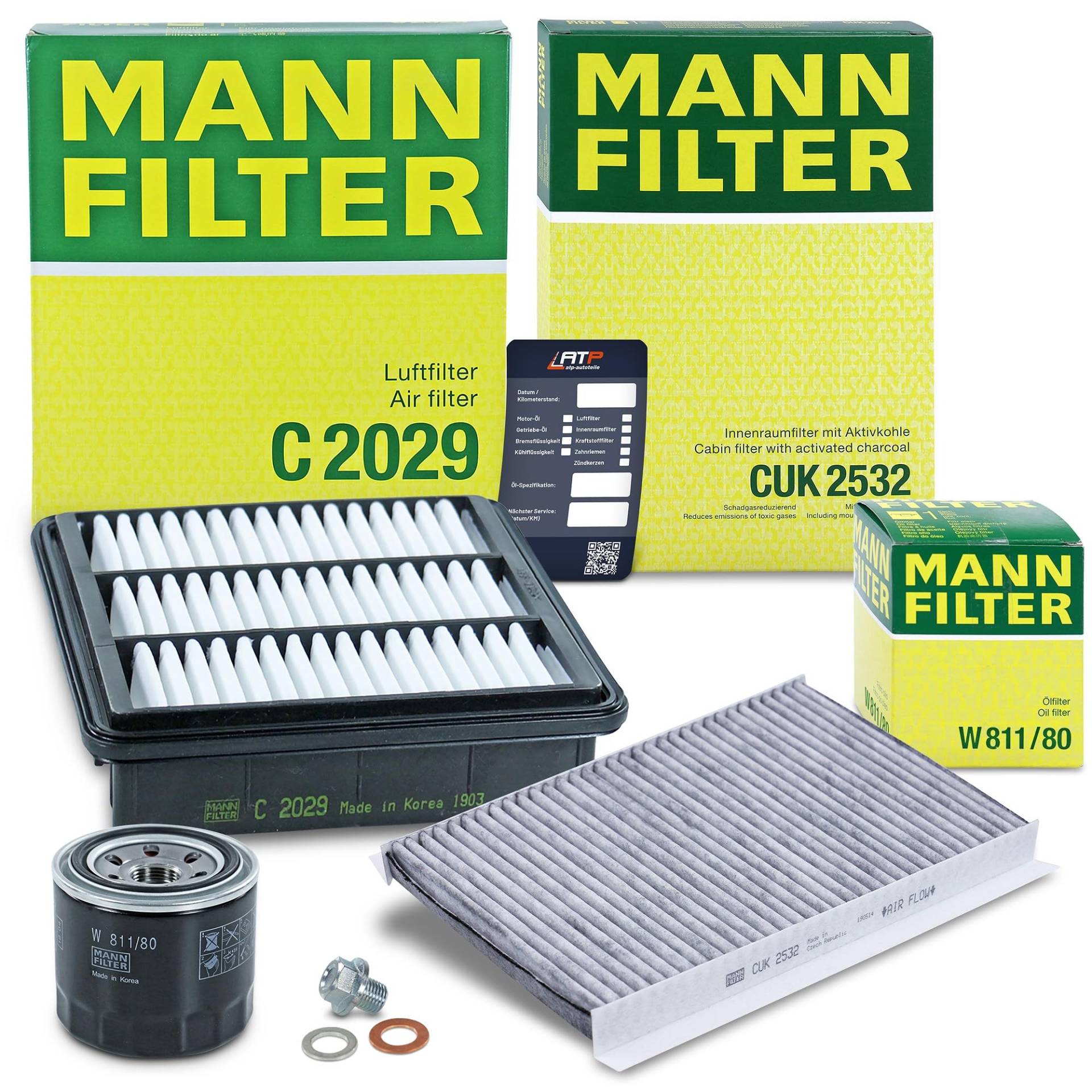 MANN-FILTER Inspektionspaket Filterset 1x Ölfilter, 1x Luftfilter, 1x Innenraumfilter (Aktivkohlefilter), 1x Ölablassschraube mit Dichtring Kompatibel mit HYUNDAI i30 (FD), KIA CEE'D (ED) von Generisch