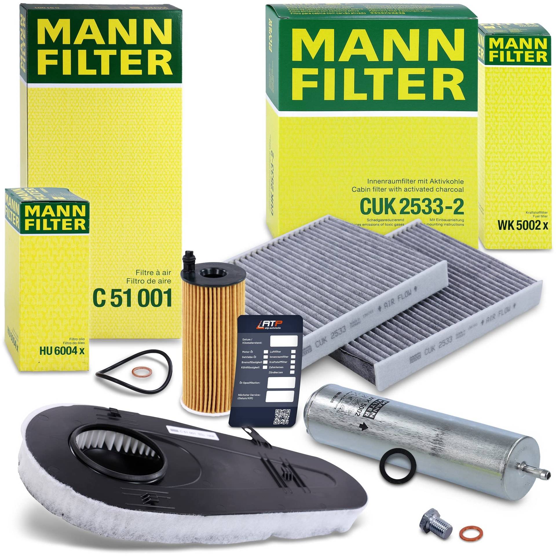 MANN-FILTER Inspektionspaket Filterset 1x Ölfilter, 1x Luftfilter, 2x Innenraumfilter (Aktivkohle), 1x Kraftstofffilter, 1x Ölablassschraube Kompatibel mit BMW 5er (F10)(F07)(F11) von Generisch