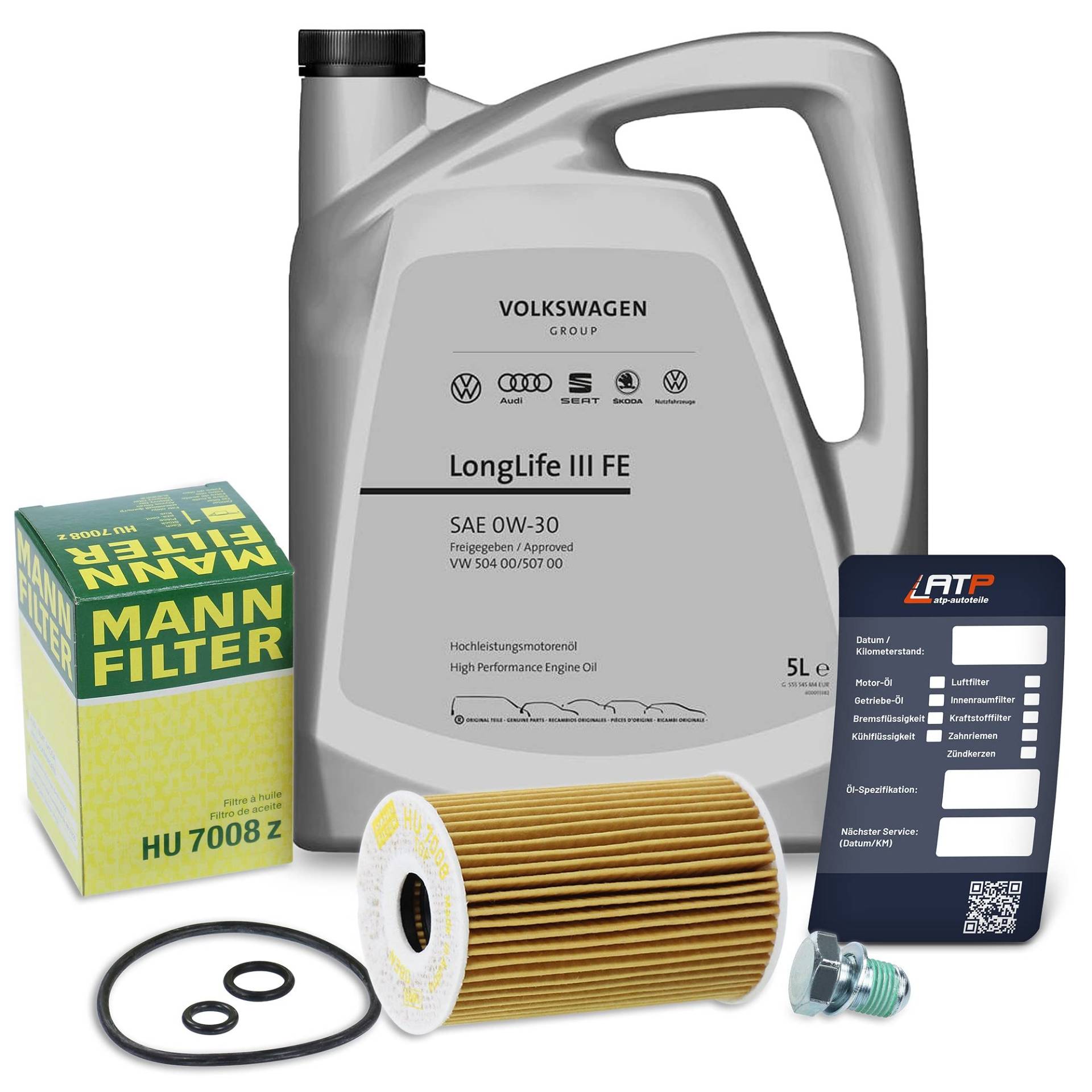 MANN-FILTER Inspektionspaket Filterset 1x Ölfilter, 1x Motoröl 0W-30 LongLife 3 FE 5l, 1x Ölablassschraube mit Dichtring, 1x Ölwechselanhänger, von Generisch