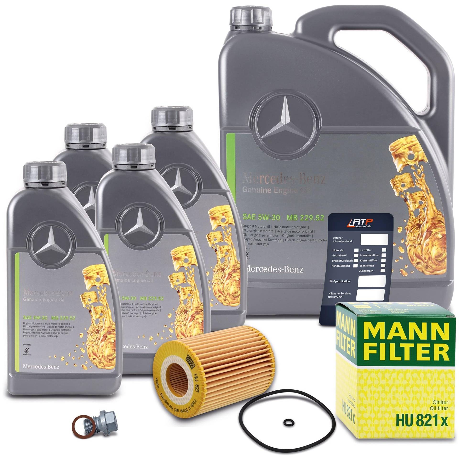 MANN-FILTER Inspektionspaket Filterset 1x Ölfilter, 1x Ölablassschraube mit Dichtung, 1x Ölwechsel-Anhänger, 1x Motoröl 5W-30 MB 229.51 5 l, von Generisch