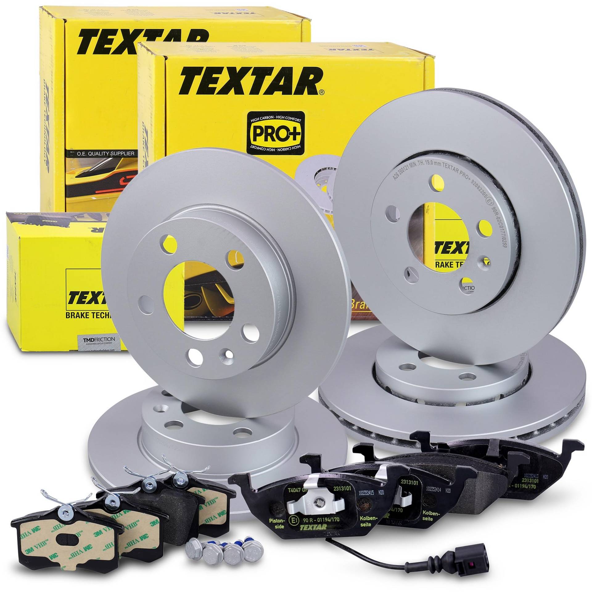 TEXTAR Bremsenset inkl. Bremsscheiben vorne Ø 256 mm außenbelüftet + hinten Ø 230 mm voll und Bremsbeläge vorne + hinten Kompatibel mit AUDI A2, A3, SEAT LEON, SKODA FABIA, OCTAVIA, VW GOLF, POLO von Generisch