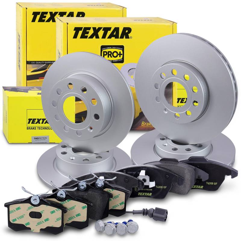 TEXTAR Bremsenset inkl. Bremsscheiben vorne Ø 288 mm innenbelüftet + hinten Ø 253 mm voll und Bremsbeläge vorne + hinten Kompatibel mit AUDI A3, SEAT LEON, SKODA OCTAVIA, VW BEETLE, GOLF, SCIROCCO von Generisch